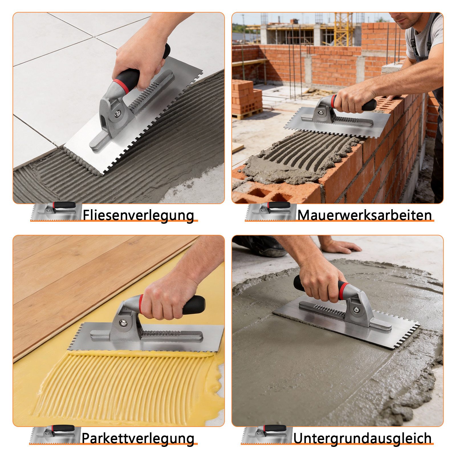 XERSEK Glättekelle Wechselkellen-Set mit 6-Klingen, Vielseitiges Zahnkelle Maurerkelle (Abnehmbarer Griff + 6 Klingen-St., 6x6-12mm, U+T-Kelle, Abnehmbarer Griff, Ergonomisch, Rostfrei) Traufel Zahnspachtel Mörtelkelle Putzkelle Für Fliesen Estrich Kleber