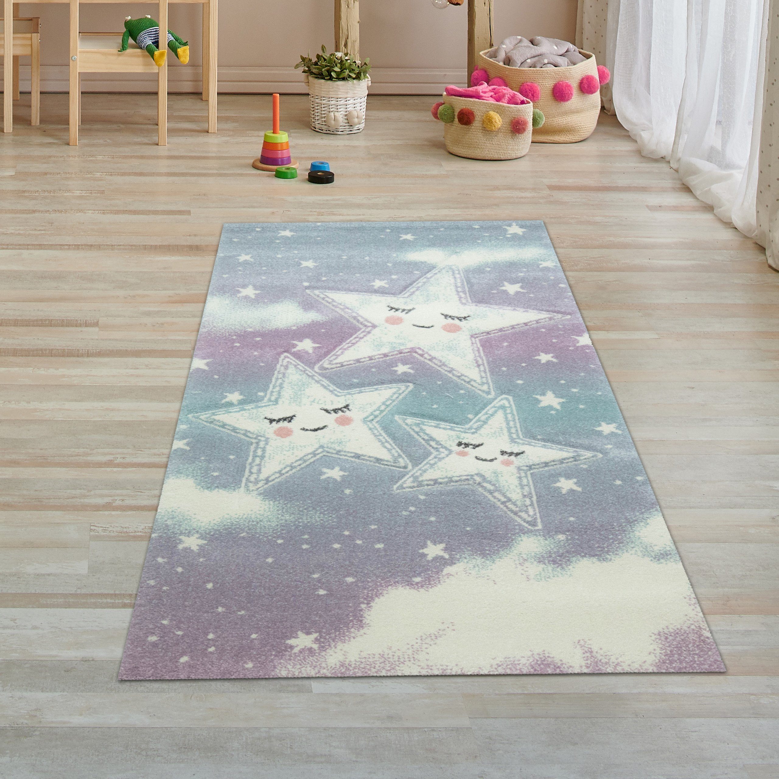 Höhe: Kinderteppich Kinderzimmer Spielteppich mm blau Design Himmel Wolken rechteckig, 13 Sterne Teppich-Traum, Teppich creme,