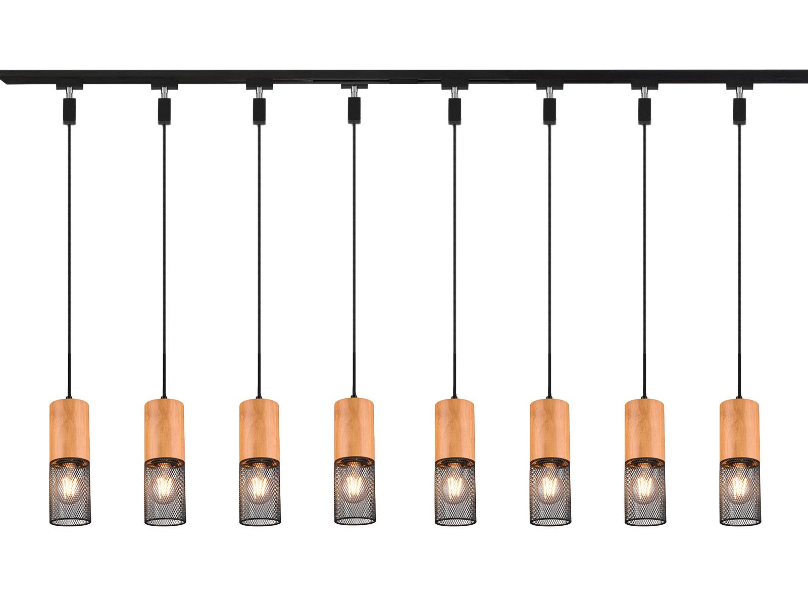 TRIO Leuchten Schienensystem-Sets mit 8 Holz Pendelleuchten, Länge 202,5cm, ohne Leuchtmittel, 2-Phasen Lichtschienensystem für Kücheninsel hängend, Esszimmer-Lampe