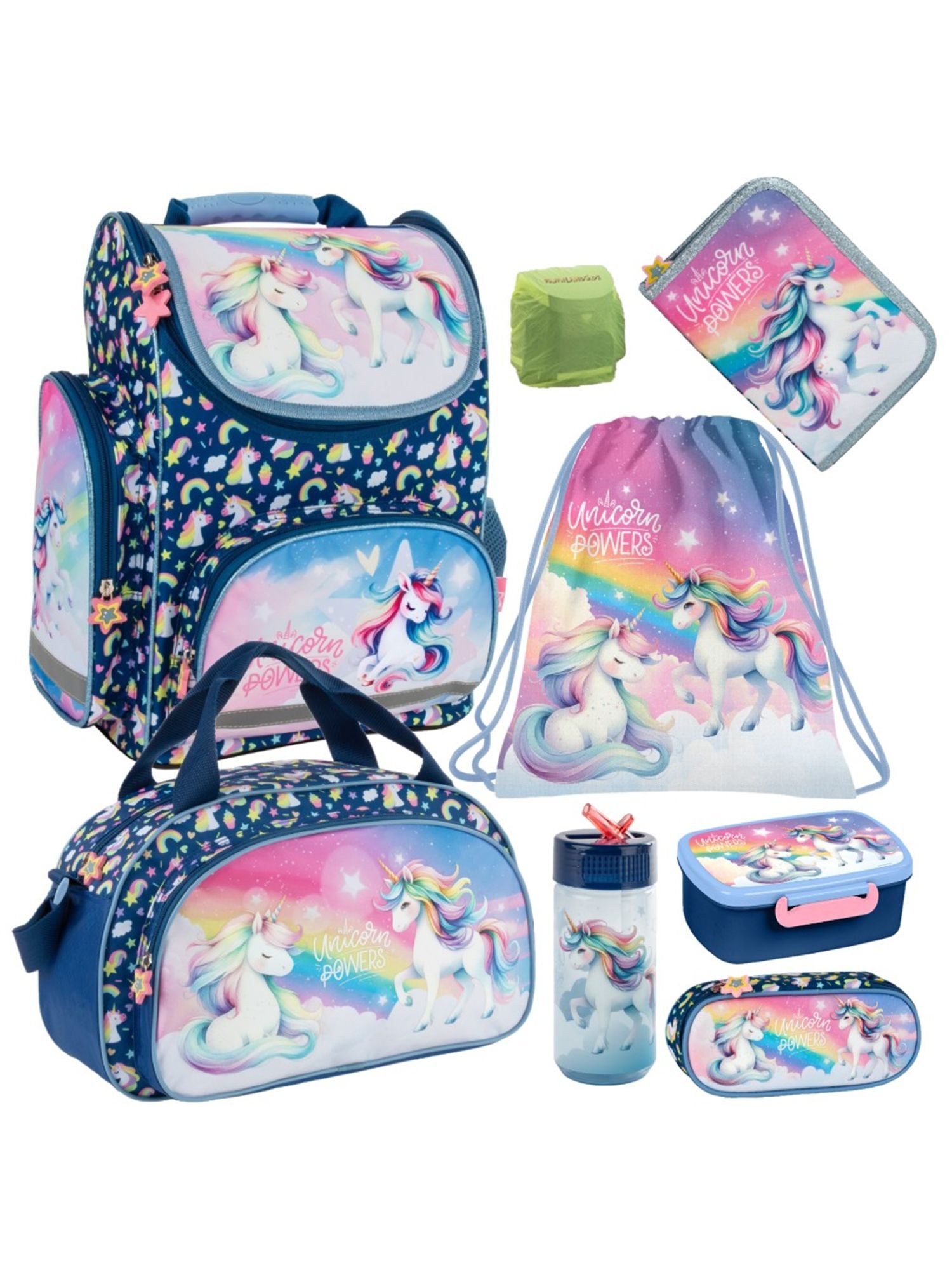 Familando Schulranzen Export Einhorn Schultasche, Unicorn Power, blau rosa - ab 1. Klasse (Set, 8-tlg., inkl. Federmappe, Lunch-Set und Sporttasche), dunkelblau Mädchen Schultasche Einhorn Regenbogen