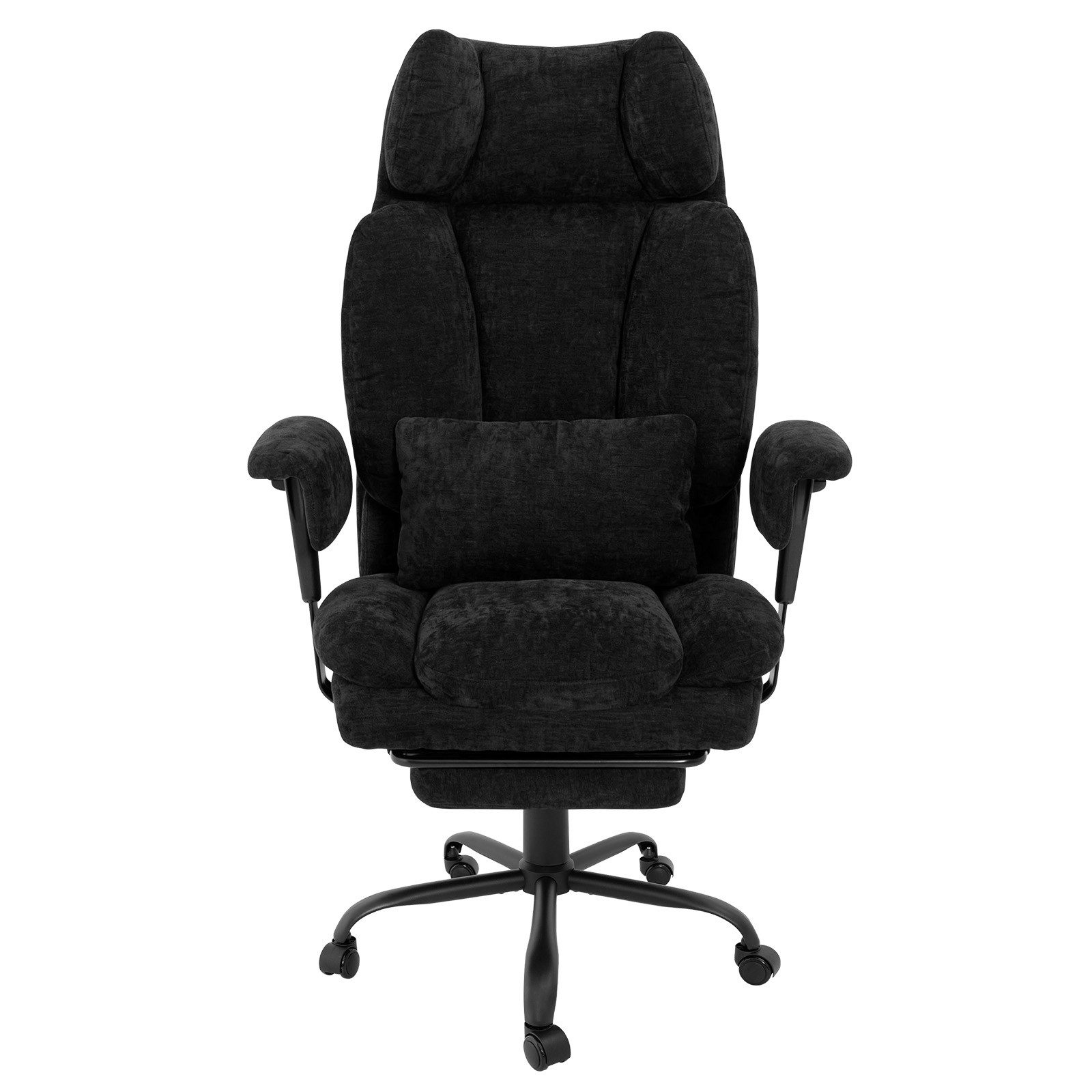 Puluomis Bürostuhl Ergonomischer Bürostuhl mit Fußstütze, verstellbarer Rückenlehne, Lendenkissen, Kopfstütze, Chenille-Bezug, bis 150kg schwarz