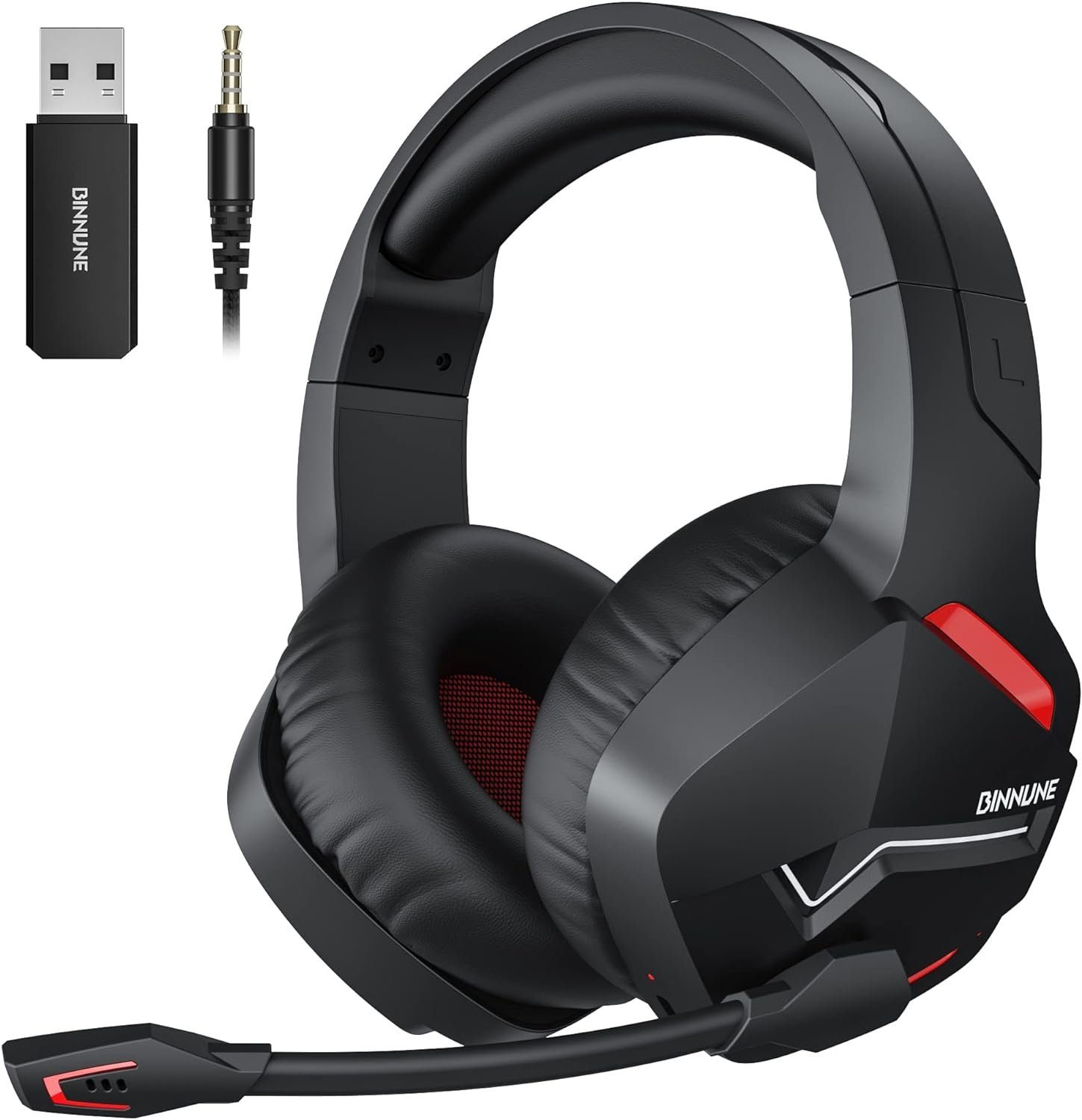 BINNUNE Gaming-Headset (Niedrige kabellose 2,4-GHz-Latenz für High-Fidelity-Sound, Kabellos, Mit kabel, Headset Wireless mit Mikrofon für PC PS4 Playstation, Bluetooth Gaming)