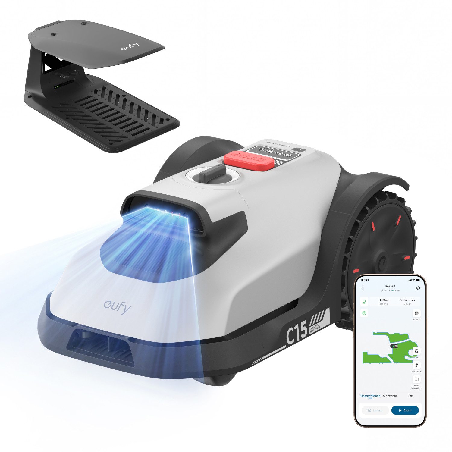 eufy Rasenmähroboter C15 ohne Begrenzungskabel, bis 500 m² Rasenfläche, (Packung), ohne RTK, Auto-Kartierung, intelligente Navigation, präzises Randmähen