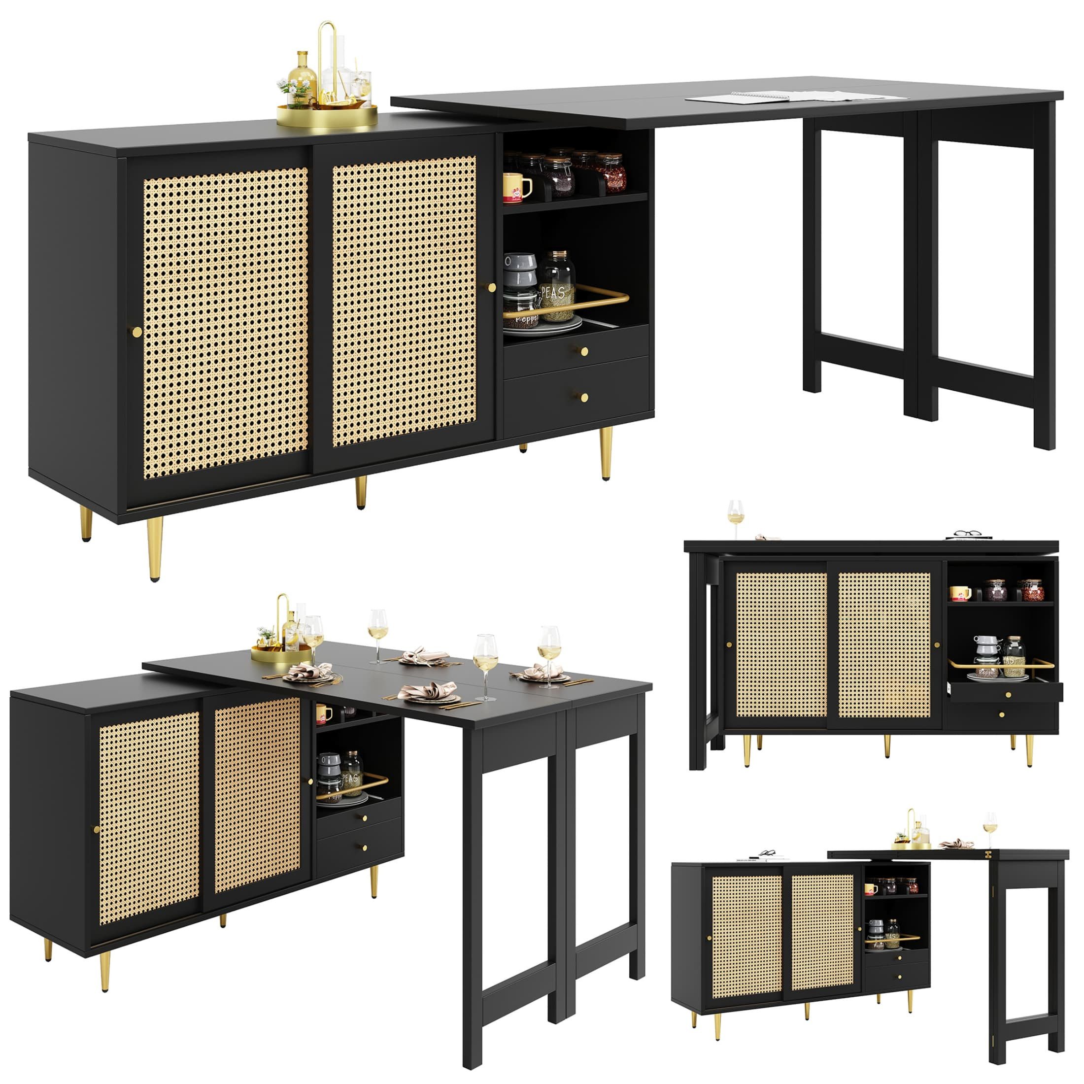 autolock Bartisch 360° drehbarer Bartisch ausziehbarer Stehtisch mit Rattantür & Regal (107x40x71,4 cm), Multifunktionaler Stehtisch Küchentisch Esstisch in Schwarz