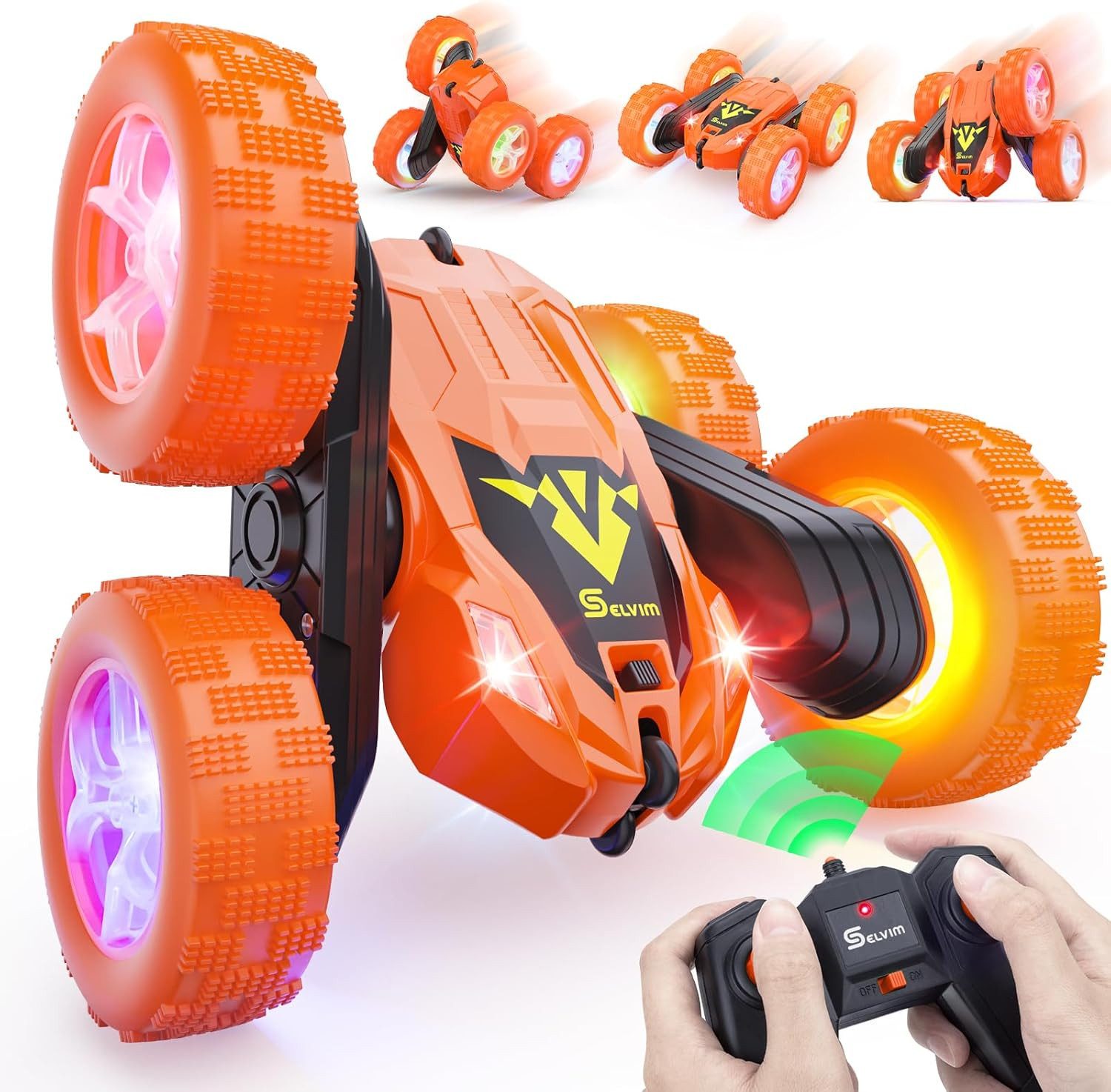 Vivitar Spielzeug-Auto Stunt-Auto für Kinder, 4WD-Offroad-Ferngesteuertes Auto mit 2 Akkus, (USB aufladbar, lange Spielzeit, Reichweite 50 m, stabile Signalübertragung, Geschenkidee, robust, stoßfest, hohe und niedrige Geschwindigkeit), 2,4-GHz-Fernbedienung, 360°-Drehung, Rückwärtsfahrt, LED-Beleuchtung