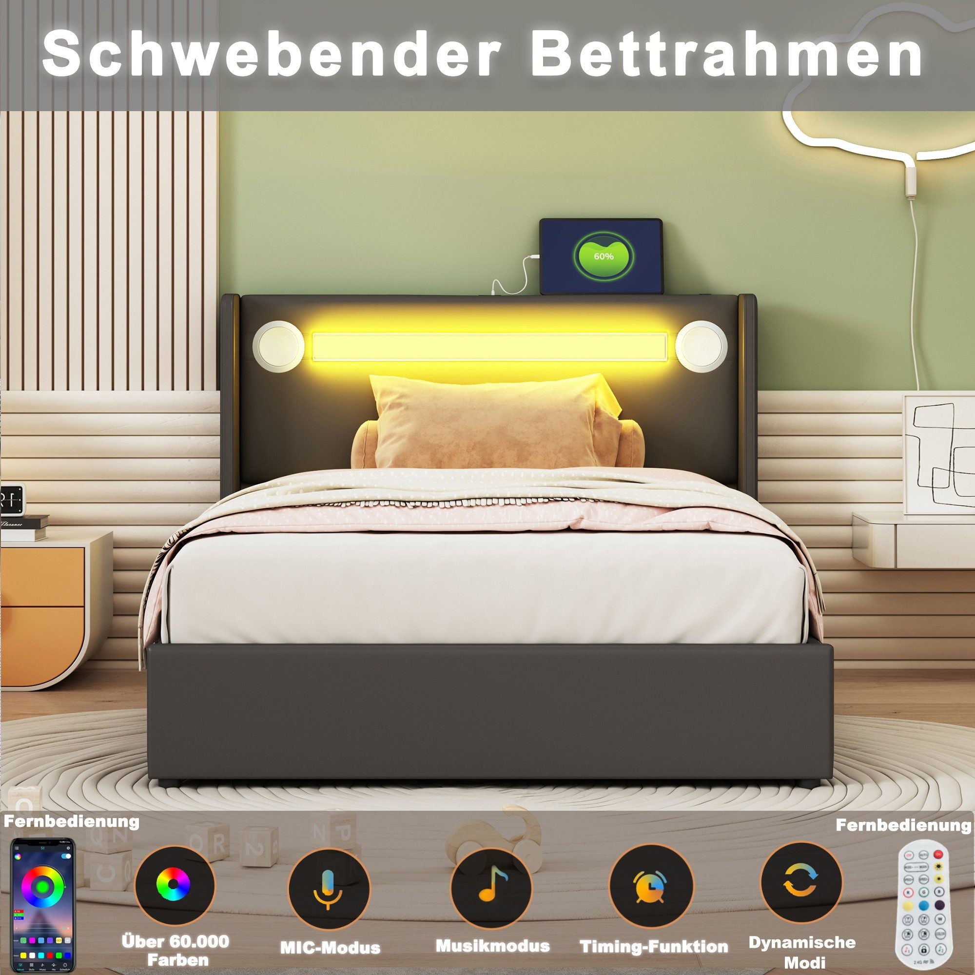BlingBin Polsterbett Stauraumbett Jugendbett (Einzelbett, 1-tlg., 90x200 cm), mit LED-Lichtleiste, Bluetooth-Player und USB-Aufladung,Hochbeetkasten