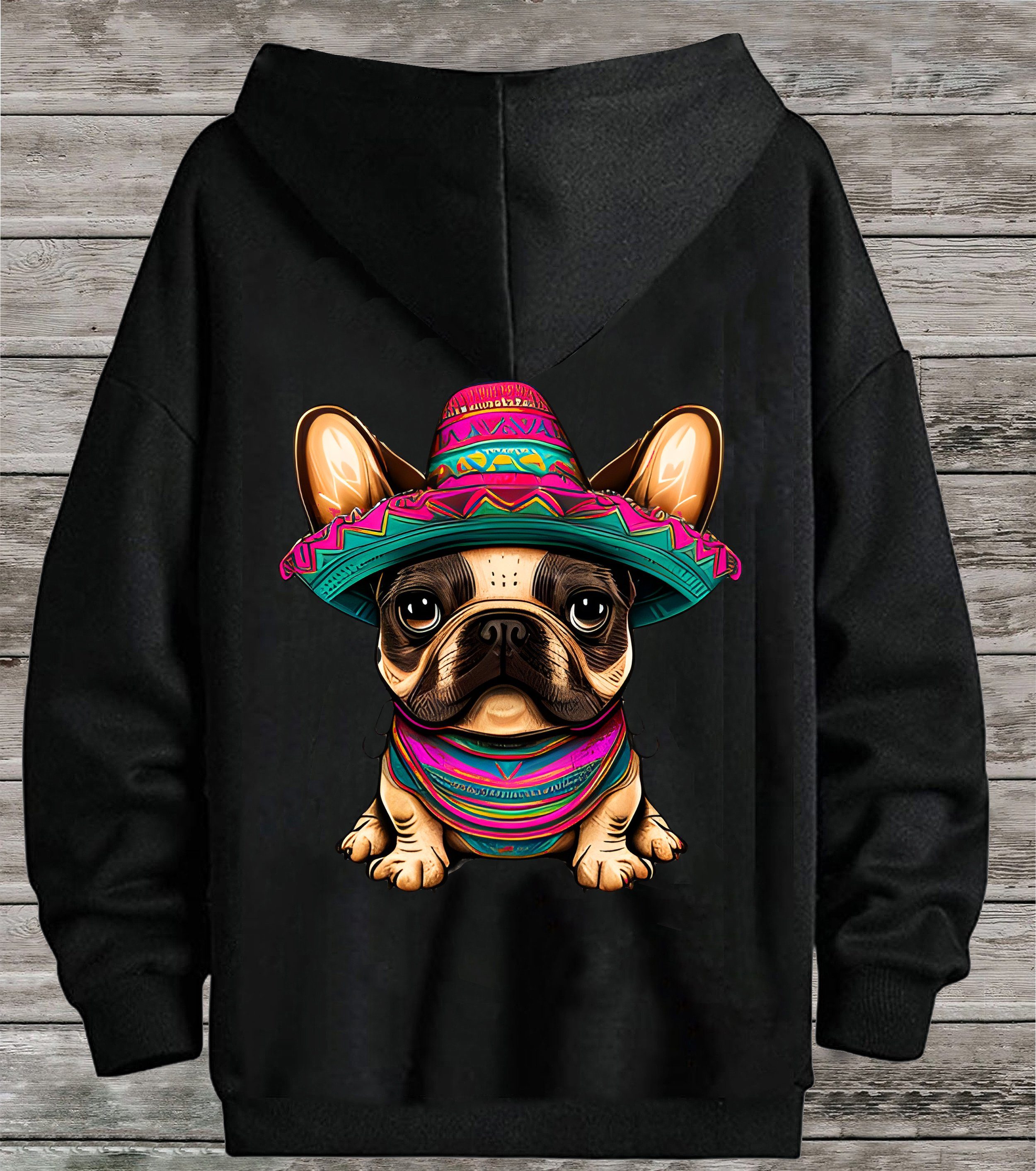 RMK Hoodie Damen Pullover Basic Pulli Kapuzenpullover Seitentaschen Hund Mexico Französische Bulldogge Print