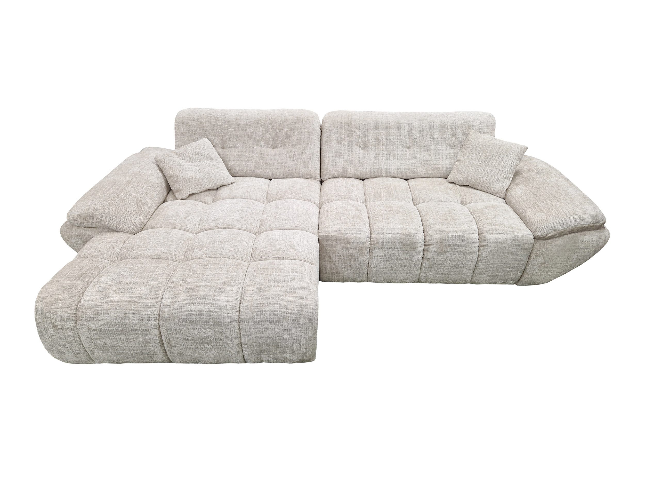 Massivart® Ecksofa weicher Bouclé creme 308 cm / elektr. Sitztiefenverstellung »HUGO«, Ottomane B 144 cm, Nosagfederung, inkl. 2 Zierkissen