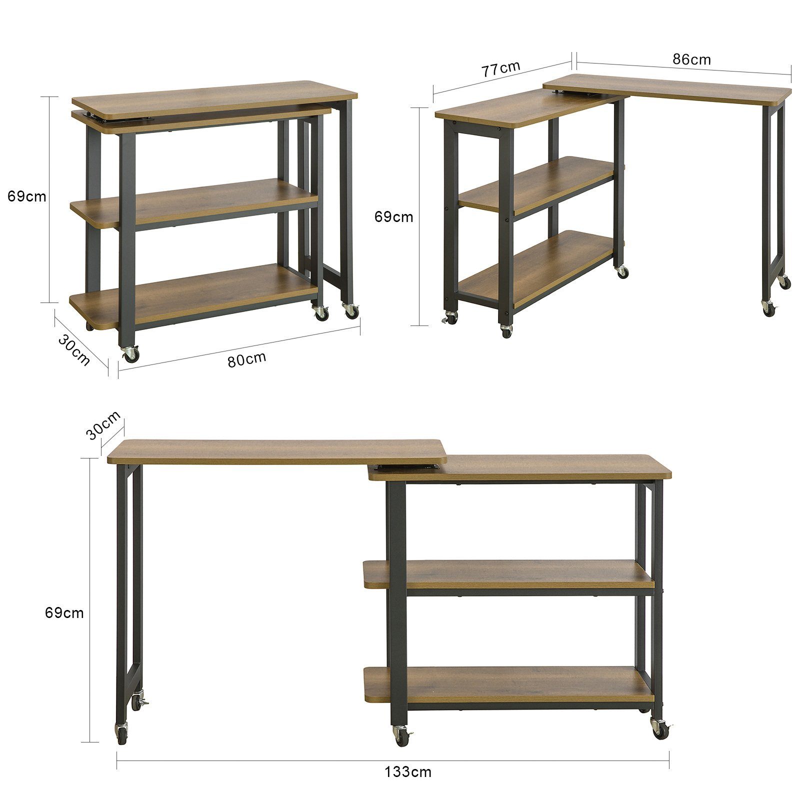 SoBuy Beistelltisch FWT83, mit 2 Ablagen Sofatisch mit Rollen Couchtisch Eckschreibtisch – Bild 5 von 5