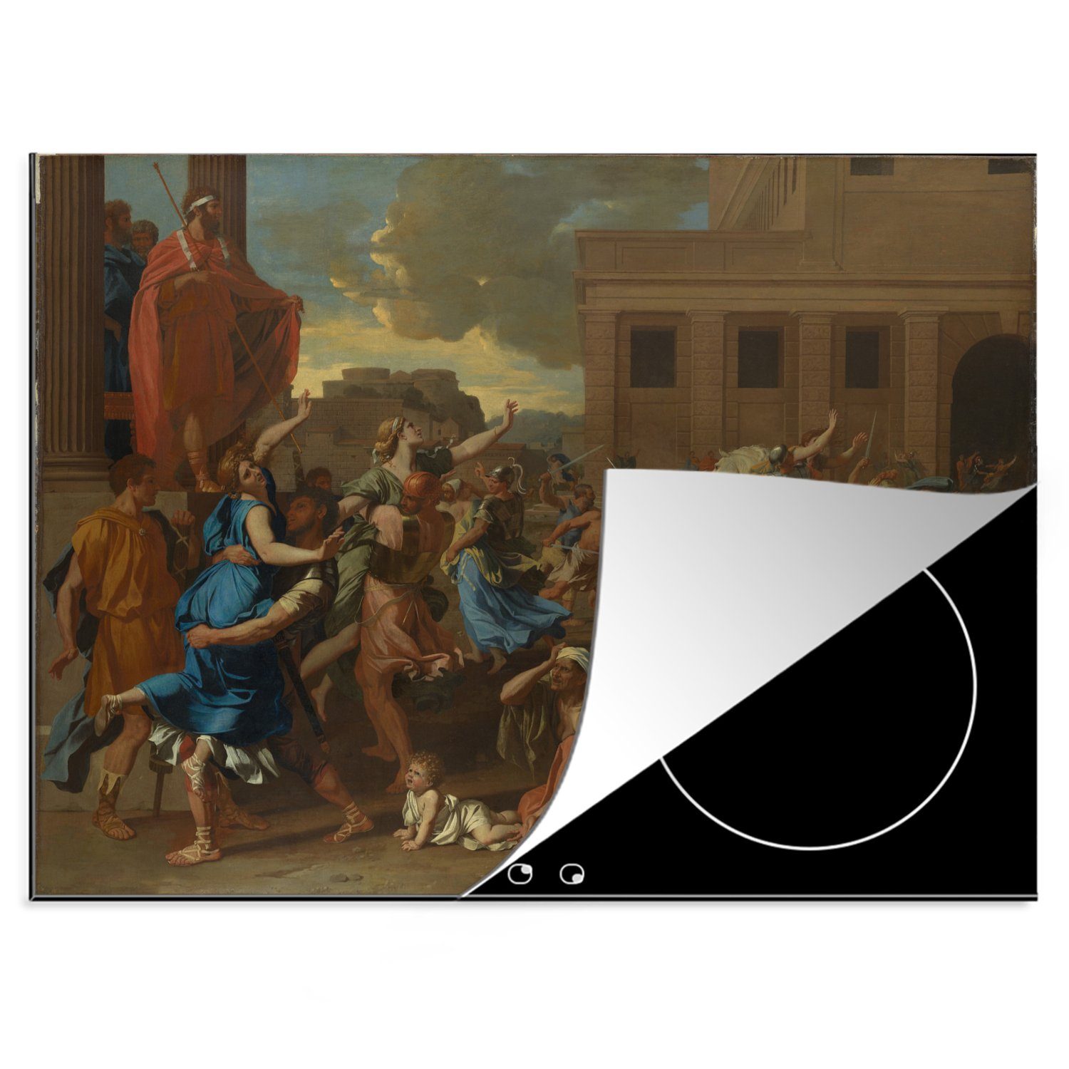 MuchoWow Herdblende-/Abdeckplatte Die Entführung der Sabinerinnen - Gemälde von Nicolas Poussin, Vinyl, (1 tlg), 70x52 cm, Mobile Arbeitsfläche nutzbar, Ceranfeldabdeckung