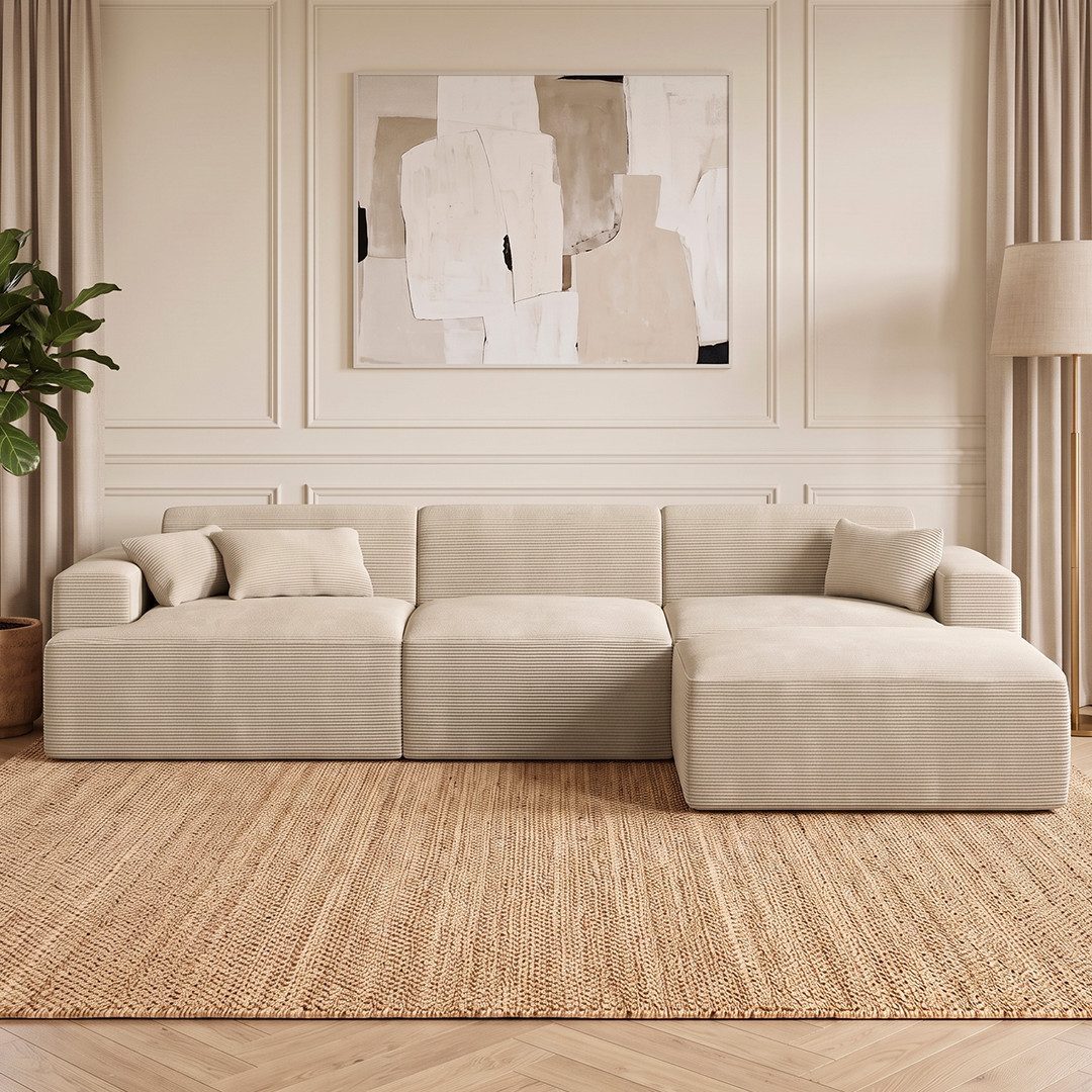 skølm Sofa Freki aus Cord, Vollschaumcouch mit Federkern und Vakuum-Kompression, Beige, Couch 3 Sitzer mit Hocker und 3 Kissen, kein Aufbau erforderlich, 319 cm breit, gepolstert, vakuumiert