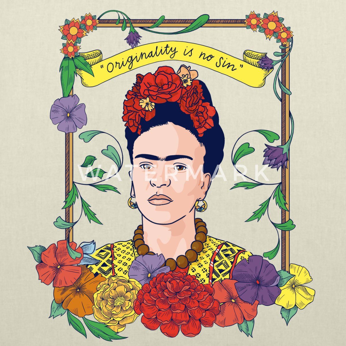 Spreadshirt Henkeltasche Frida Kahlo Mit Rahmen Aus Bunten Blumen Stoffbeutel (1-tlg)
