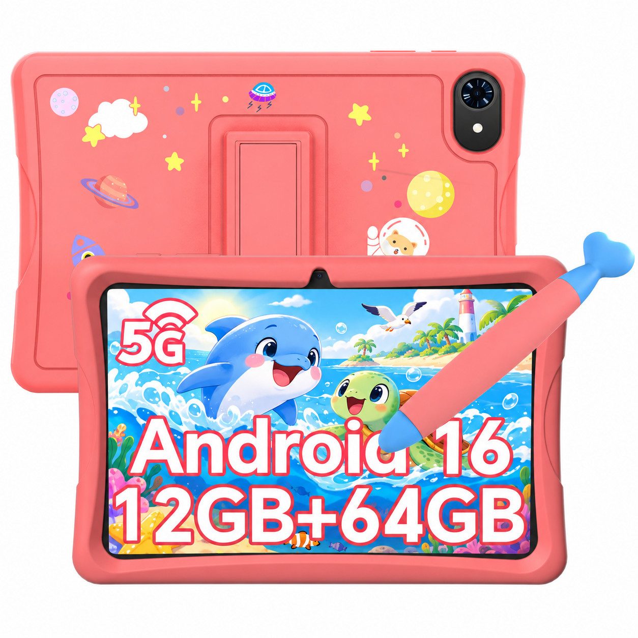 TABWEE 10.1'' Kids Android 64/128GB mit Stylus Tablet (10.1", 64 GB, Android 16, 5G wifi, Android 16, Google Kids Space, Gemini AI, mit Stift)