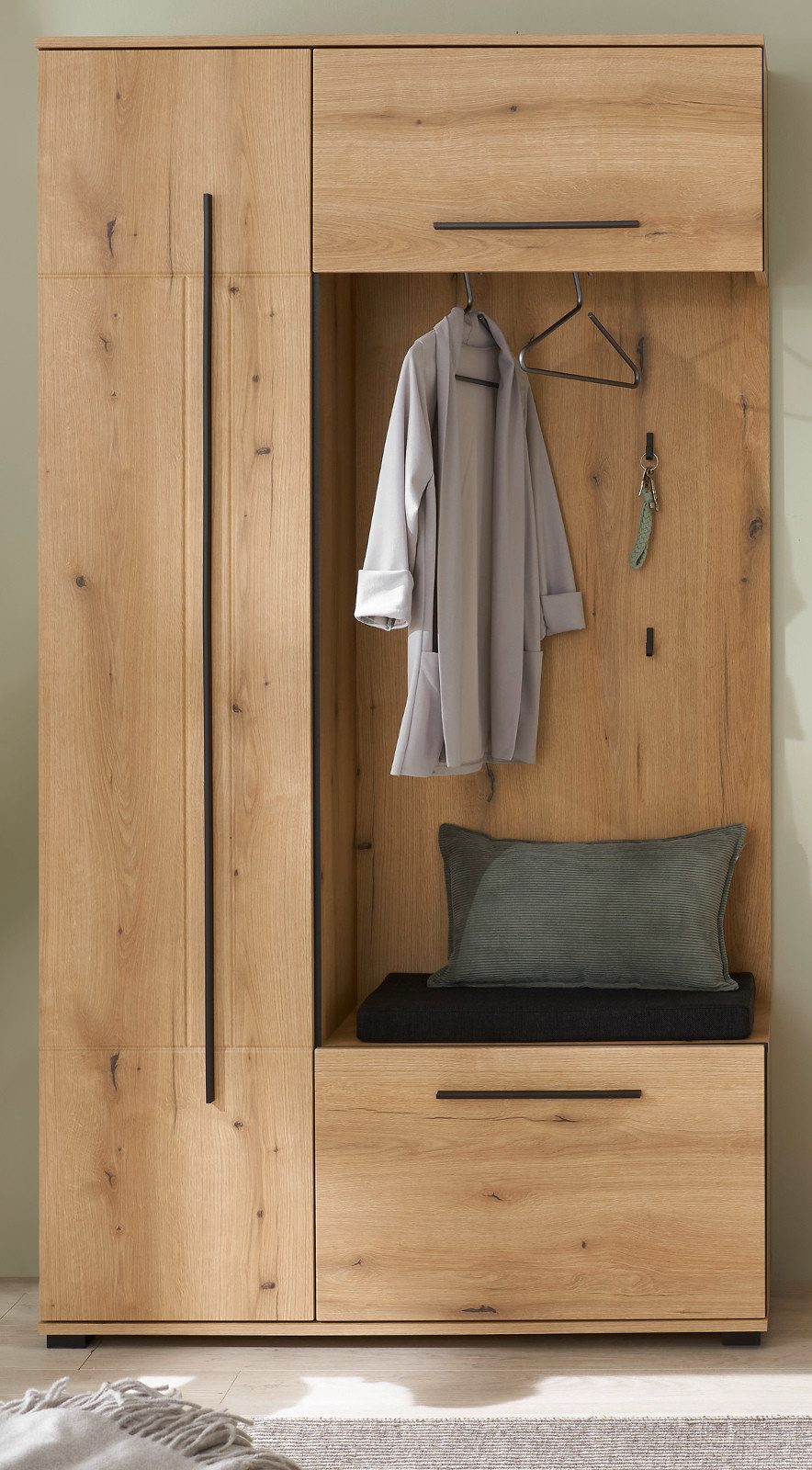 Furn.Design Kompaktgarderobe Design-D (Garderobe Komplett-Set in Evoke Eiche, 111 x 200 cm) viel Stauraum auf wenig Fläche, mit Soft-Close