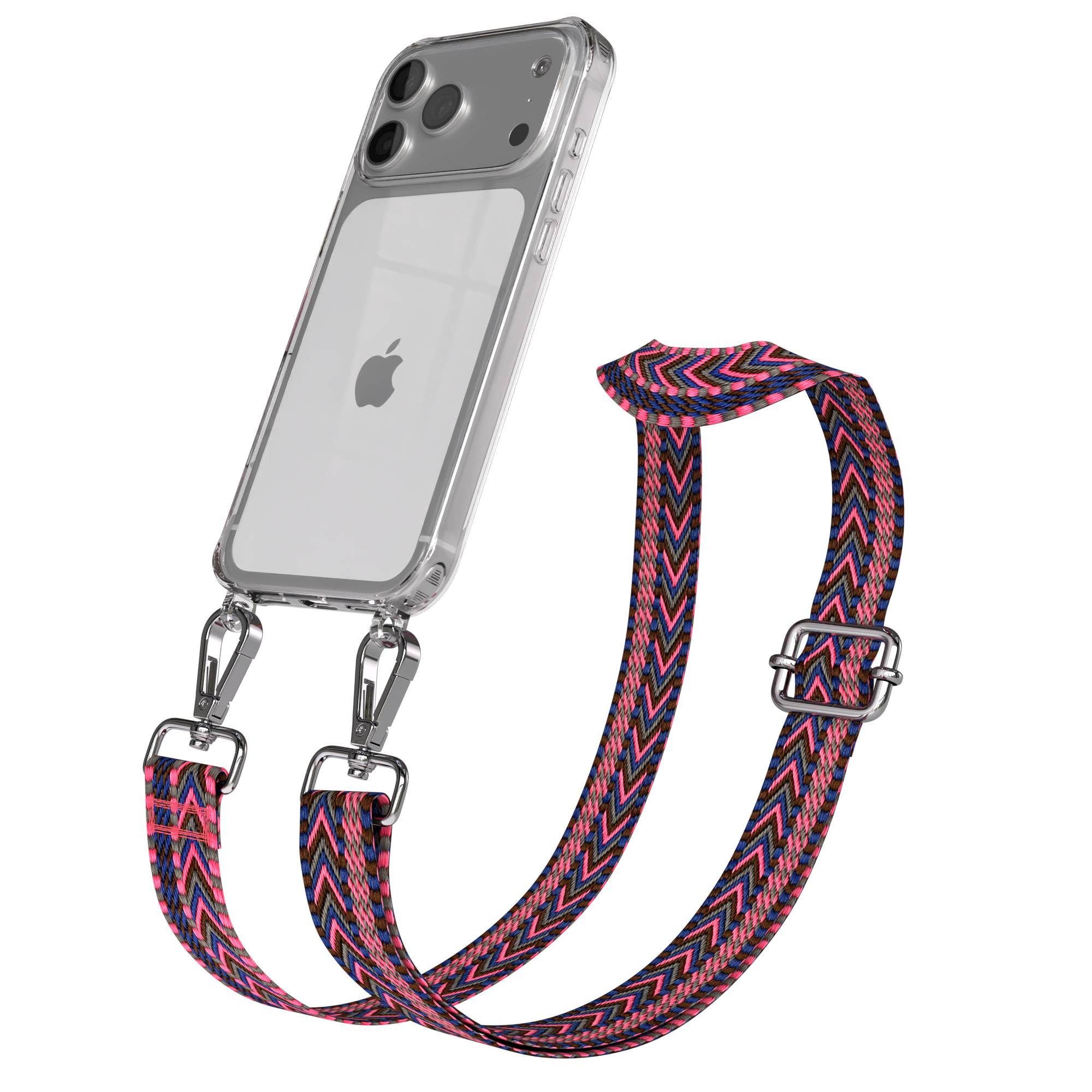 EAZY CASE Handykette Silikonhülle mit Kette für Apple iPhone 17 Pro Max 6,9 Zoll, Verstellbarer Trageriemen mit Case transparent DIY Gürteltasche Pink