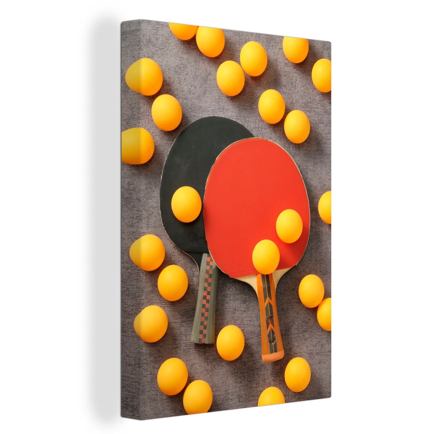OneMillionCanvasses® Leinwandbild Viele Tischtennisbälle mit zwei Schlägern, (1 St), Leinwandbild fertig bespannt inkl. Zackenaufhänger, Gemälde, 20x30 cm