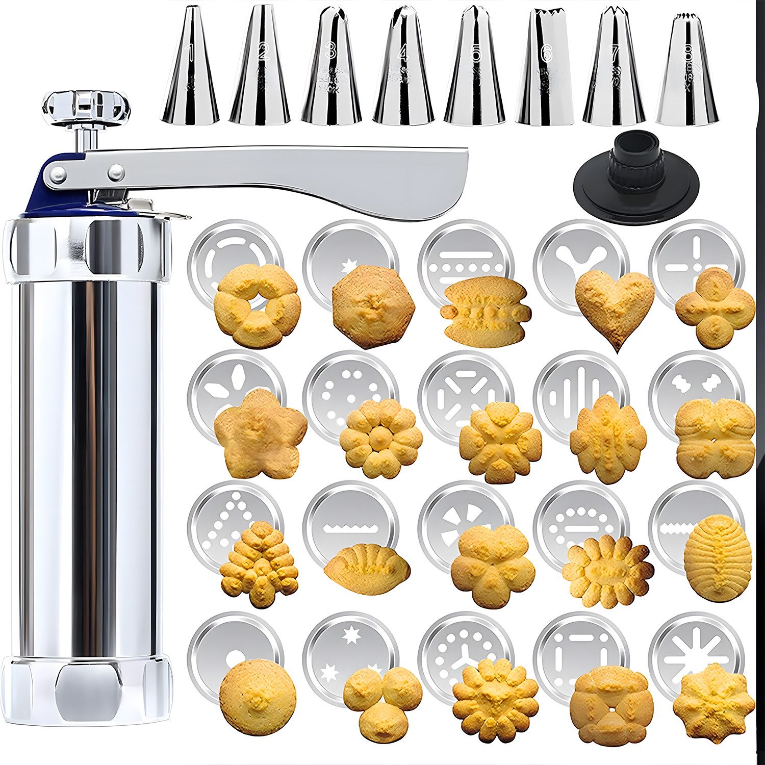 AIMAX Gebäckpresse Edelstahl Gebäckpresse mit 20 Schablonen und 8 Tüclen Plätzchenpresse, (Teigpresse, Gadgets Keksbacken,  Backzubehör, Dekorieren von Kuchen, Keksmaschine, DIY Maker & Spritzgebäck Maschine,  Garnierspritze), Churros Dessert Cookies Discs für Familien, Hobbybäcker & Profis