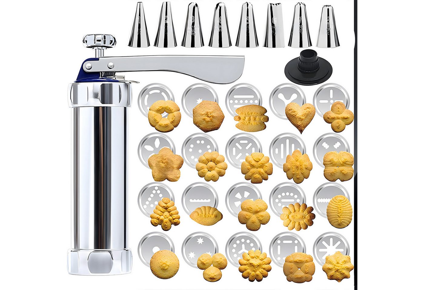 AIMAX Gebäckpresse Edelstahl Gebäckpresse mit 20 Schablonen und 8 Tüclen, Garnierspritze, (Back-Set Backset Plätzchenpresse und Spritztüllen für Backen zu Hause, Backzubehör Dekorier Backwerkzeug, Biskuitpresse Set Spritzgebäck-Set), Alternativen zum Spri