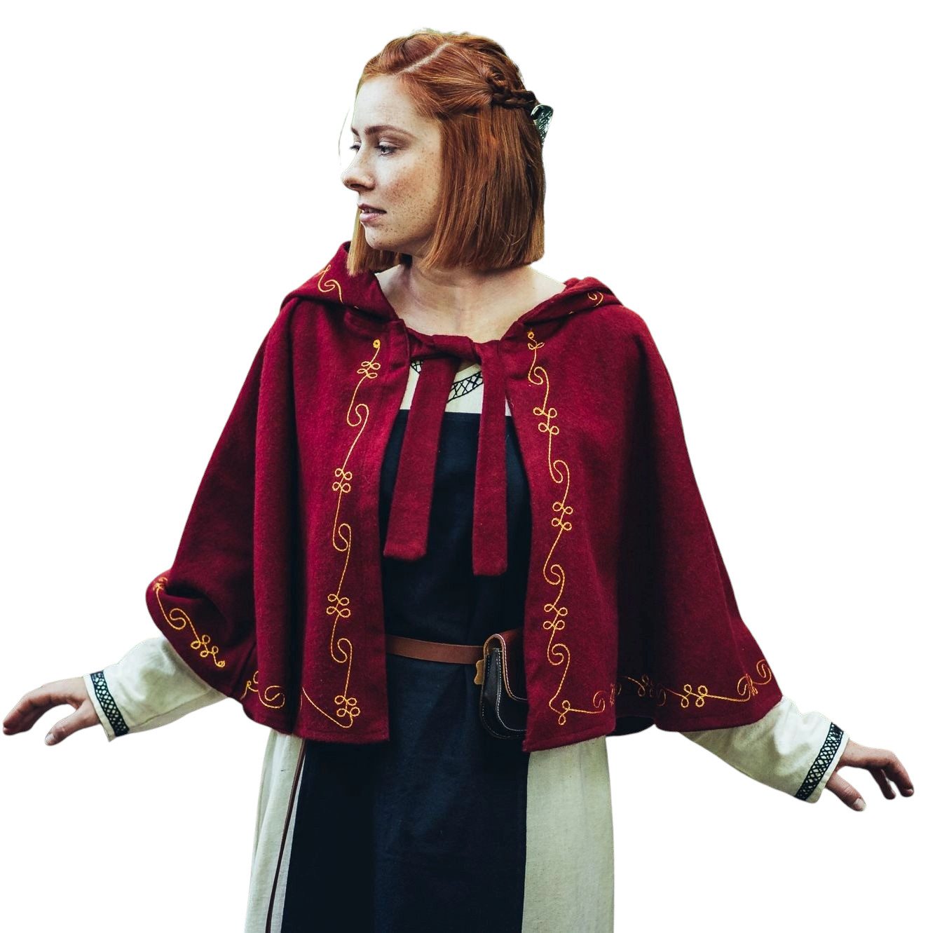 Leonardo Carbone Wikinger-Kostüm Wollgugel "Runa" mit Stickerei, lange Kapuze zum Binden, kunstvolle Verzierungen