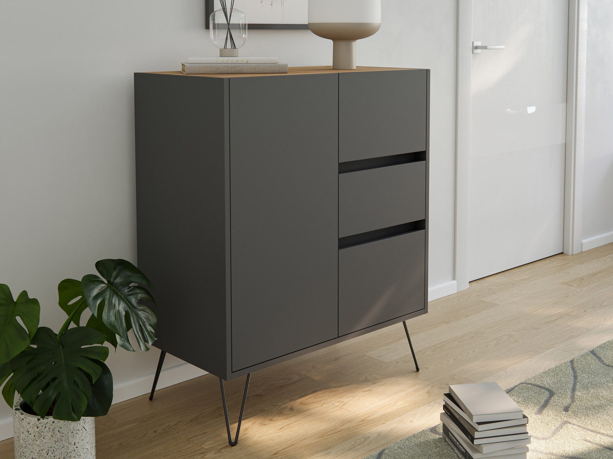 Magnolia Home Sideboard Sideboard Yako XL 80cm 3 SoftClose 1 Tür Grafit/Eiche Top