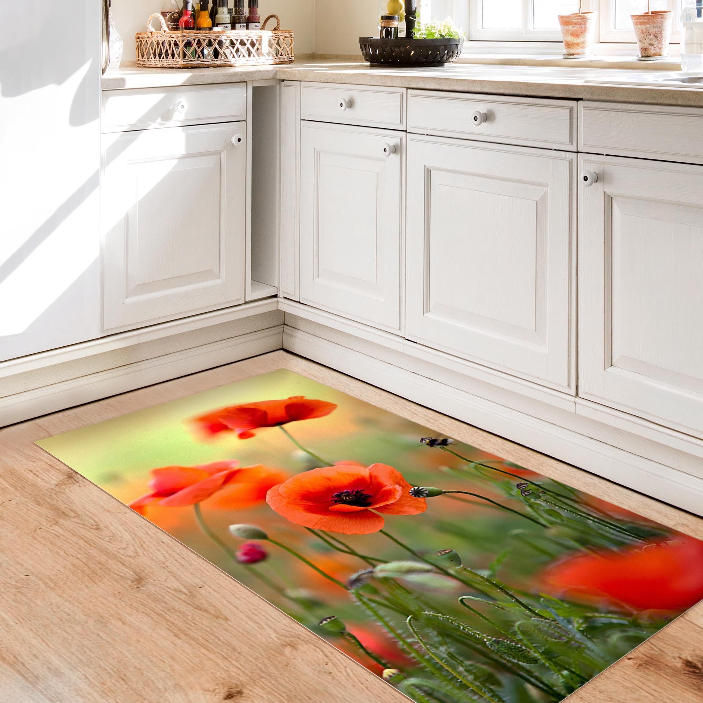 Bilderdepot24 Teppich Teppich Vinyl Flur Küche Blumen funktional lang modern, Läufer - grün glatt, nass wischbar (Schmutz, Tierhaare) Saugroboter & Bodenheizung geeignet