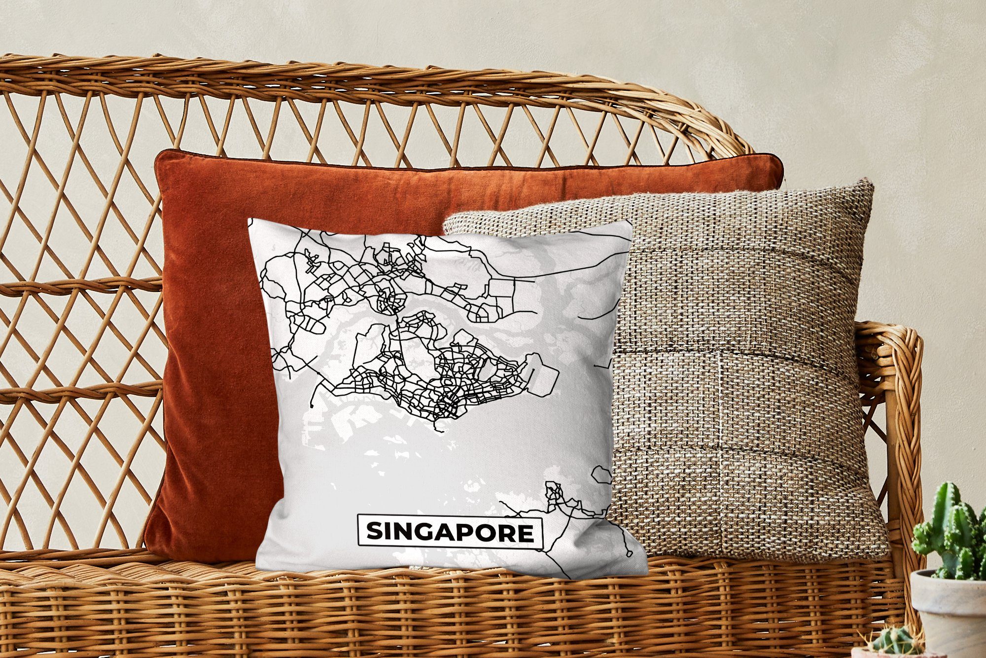 für - - Dekokissen und Wohzimmer, Karte Singapur Zierkissen Stadtplan Schwarz - Karte, Schlafzimmer, Deko, - MuchoWow weiß mit Füllung Sofakissen