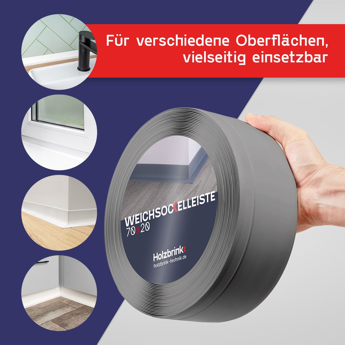 HOLZBRINK Sockelleiste HOLZBRINK selbstklebend PVC 70x20mm, 1 m, L: 100 cm, 1m Rolle, Küchenleiste Abschlussleiste für Badezimmer Farbe: Graphitgrau