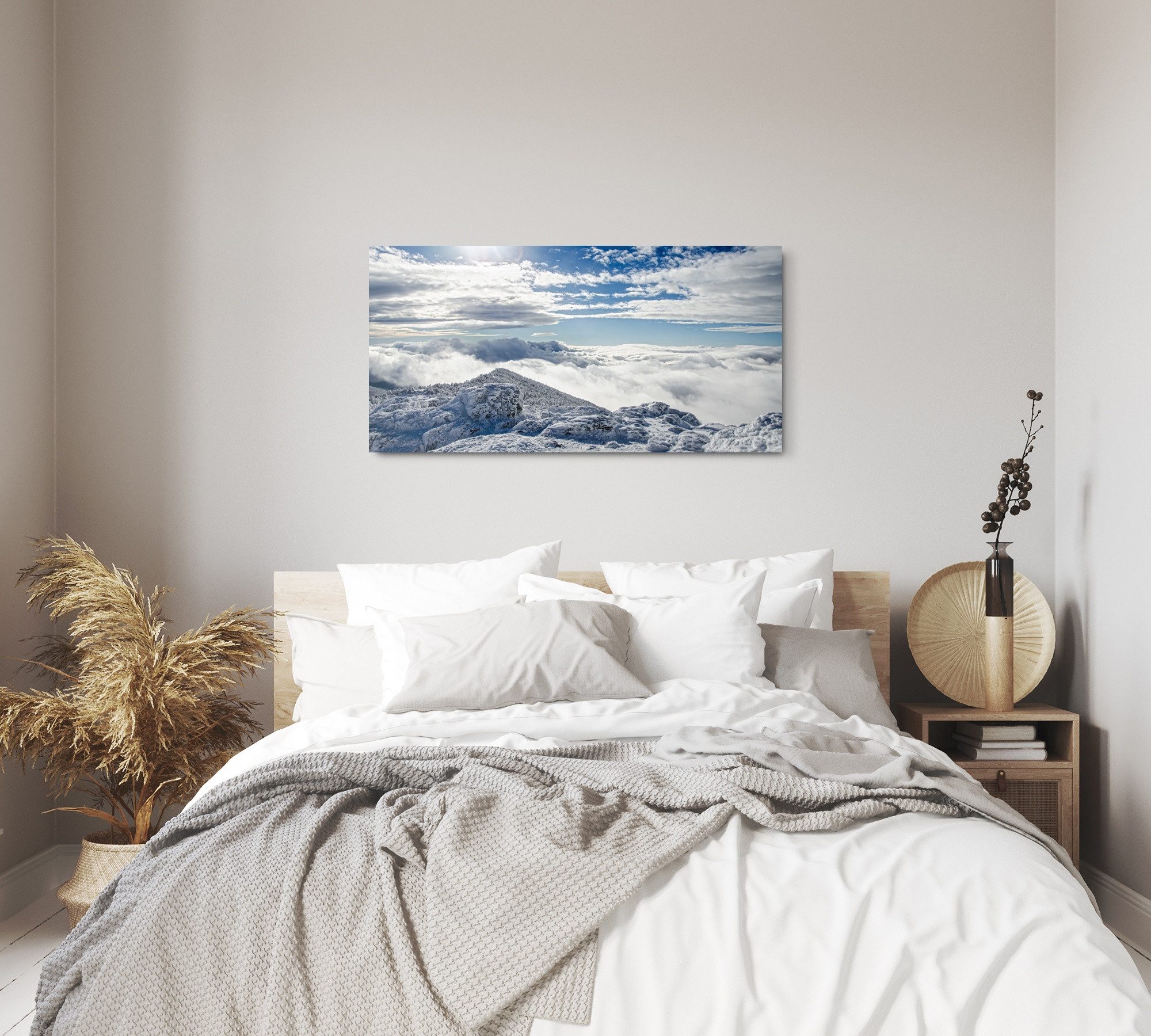 Sinus Art Leinwandbild Kunstdruck Bilder 120x60cm Schneelandschaft Winter Berge über den Wolk, (1 St)