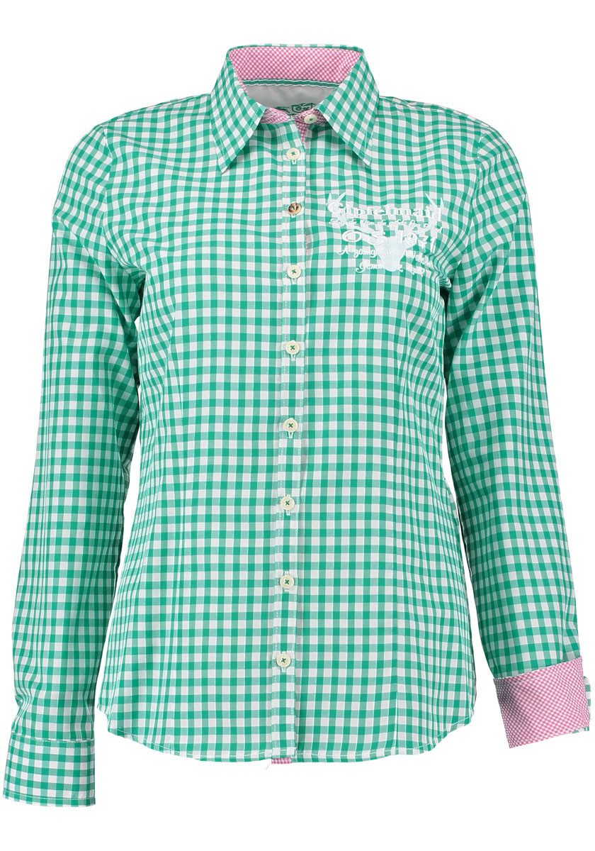 OS Trachten Trachtenbluse Pidara Tailliert, Kontraststoff, Schriftzug und H günstig online kaufen