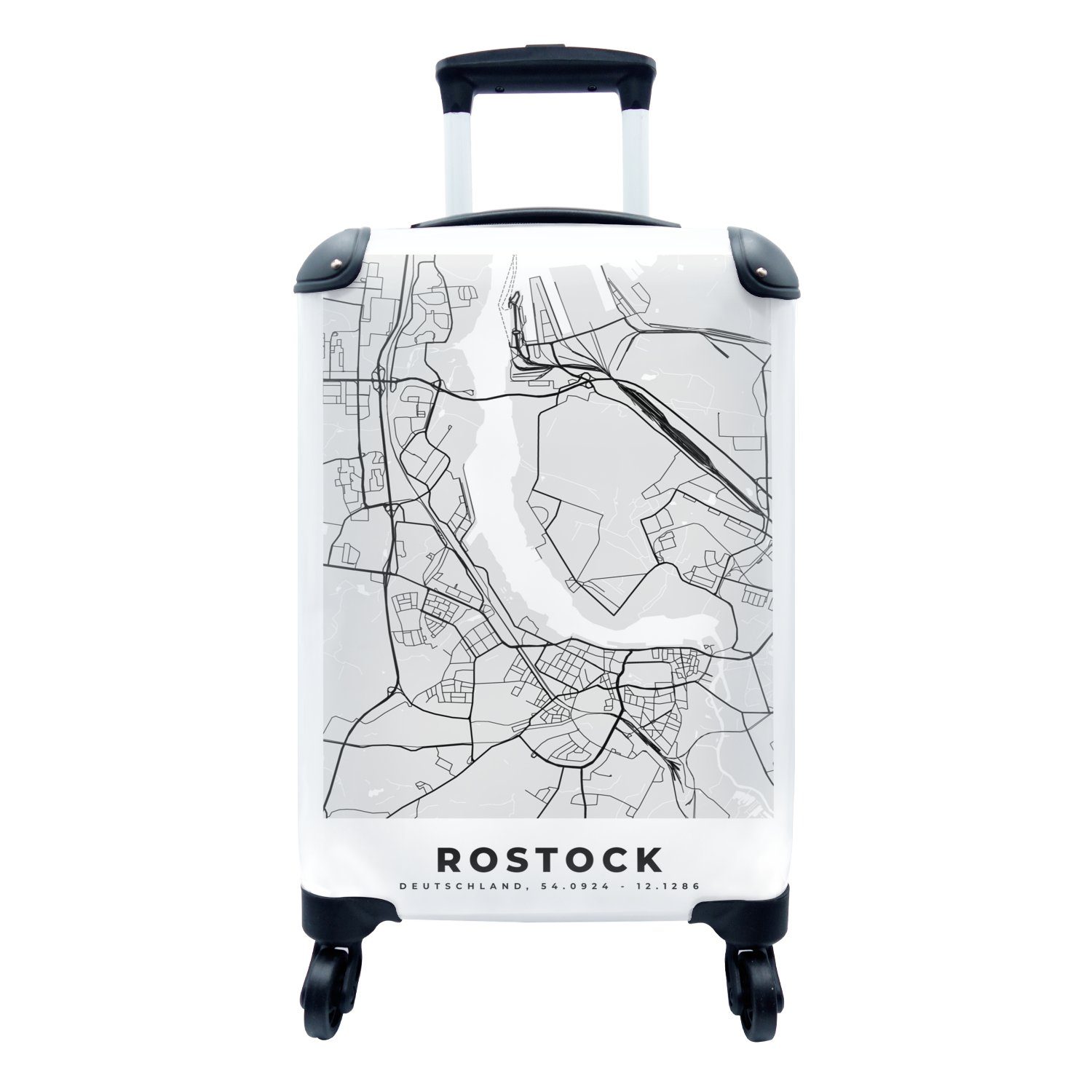 mit Reisetasche Handgepäck - Stadtplan Reisekoffer rollen, Handgepäckkoffer - MuchoWow für Trolley, Deutschland, Rostock 4 Ferien, - Karte Rollen,