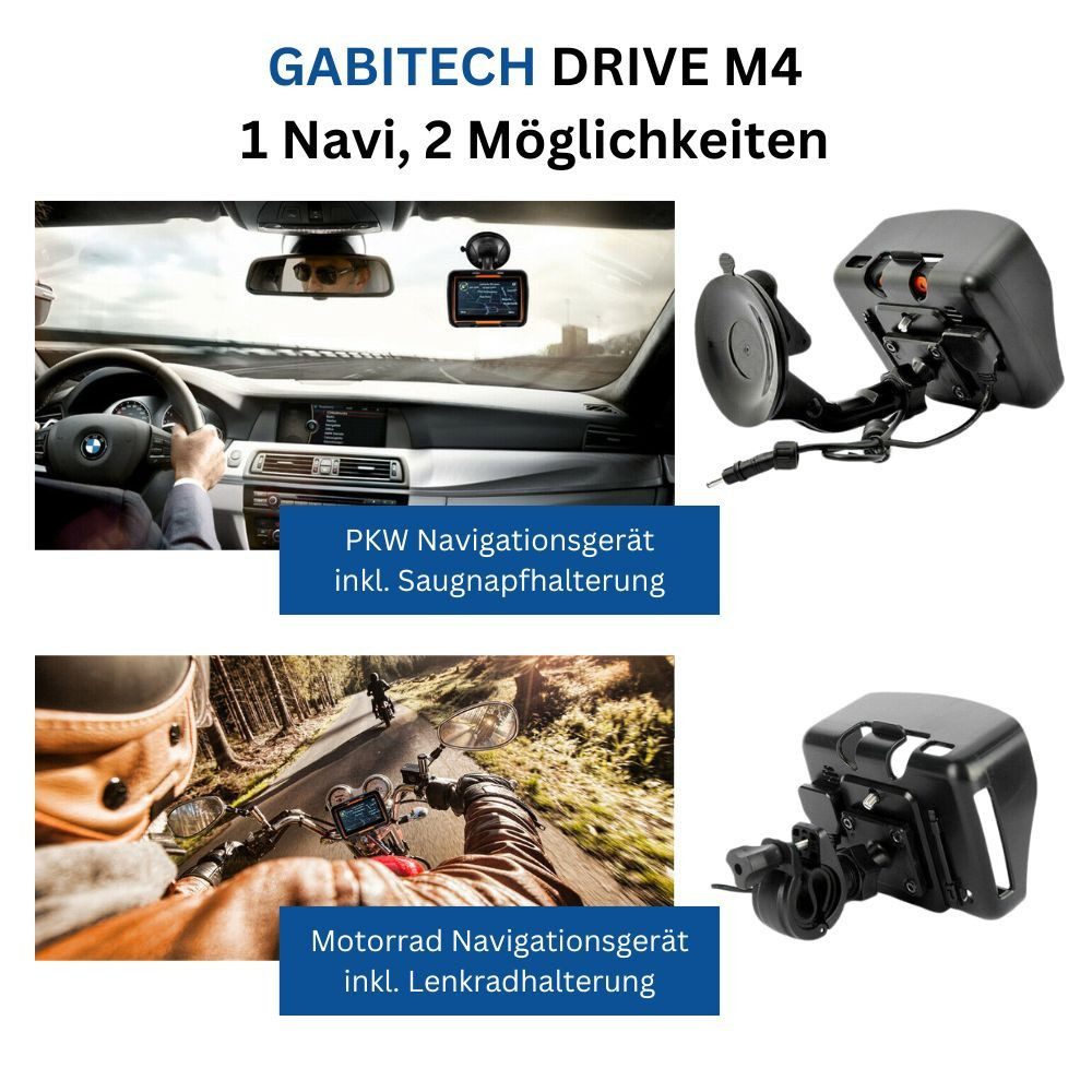 GABITECH 4 Zoll wasserdichtes GPS Navigationsgerät DRIVE M4 für Motorrad & PKW Motorrad-Navigationsgerät (2 in 1 Navi, umfangreiches Zubehör)
