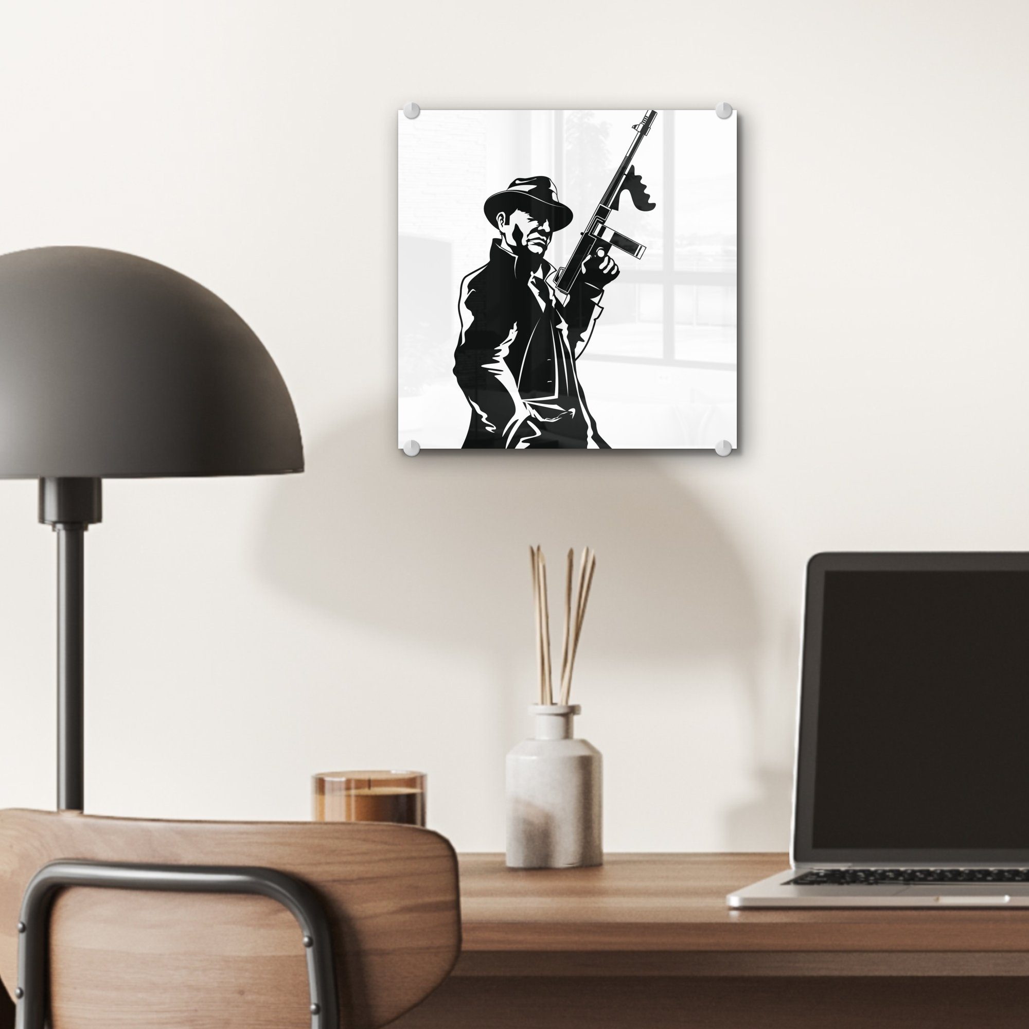 MuchoWow Acrylglasbild Illustration eines Mafia-Mitglieds in (1 auf mit - Wanddekoration einer Wandbild schwarz-weiß, Foto Bilder Glasbilder Glas - Glas Waffe - St), auf