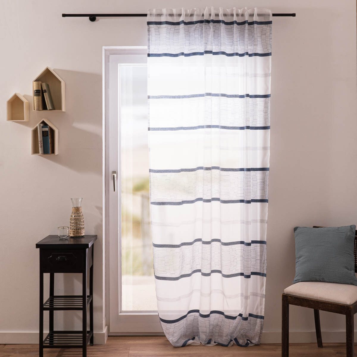 Vorhang Gardine Emiliana transparent Scherli treifen weiß blau 144x245cm (BxH), leicht perforiert, Kunstfaser