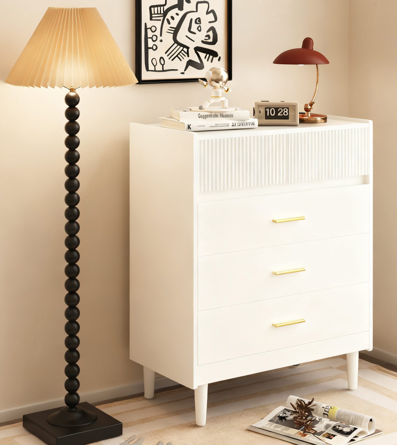 HOMAVO Kommode DG2 mit 5 Schubladen, mit Beinen, 74x90 cm, FSC®, 15 cm Holzfüße, Wellenfront