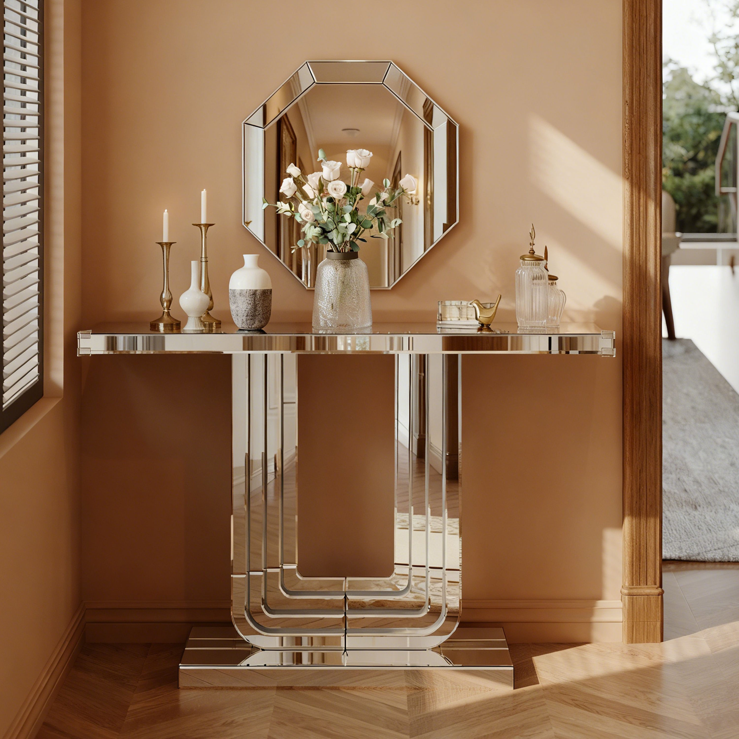 Celya Beistelltisch Eleganter Konsolentisch mit Silber-Optik & Stabiler U-Form-Basis (für Raumaufhellung, Kratzfest & Leicht zu Reinigen, Luxus Wohnzimmer Tisch), 120CM Moderner Spiegeltisch