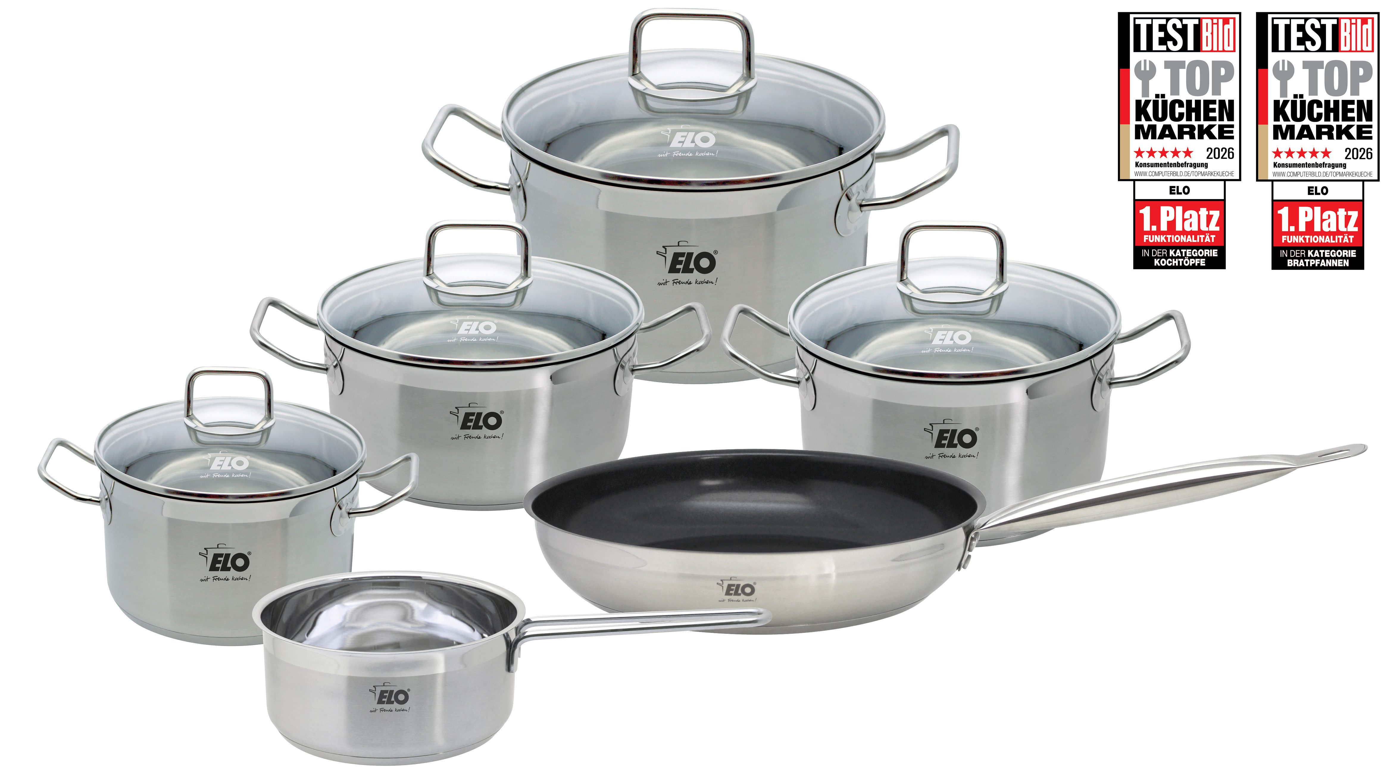 Elo Basic Topf-Set Basic Profi Duo Therm Topfset 6-teilig, Edelstahl (Set, 10-tlg), Volumenskala, integriertes Öl-Dosiersystem