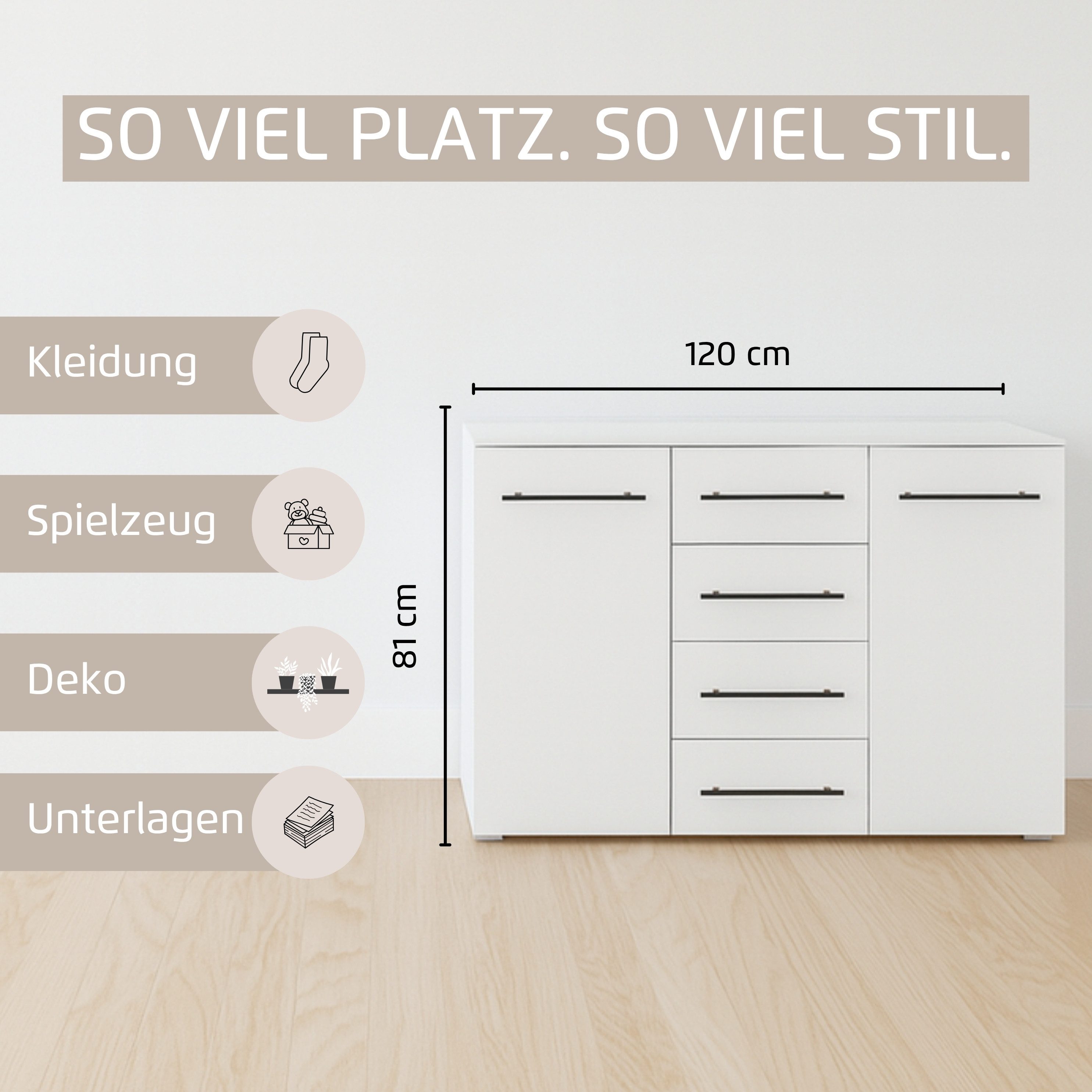 rauch Kombikommode Sideboard Schubladenkommode AVOLA mit Dekorfront (Breite 120 cm inkl. Soft-Close-Funktion), vier große Schubladen und 2 Türen, mit 4 Einlegeböden MADE IN GERMANY