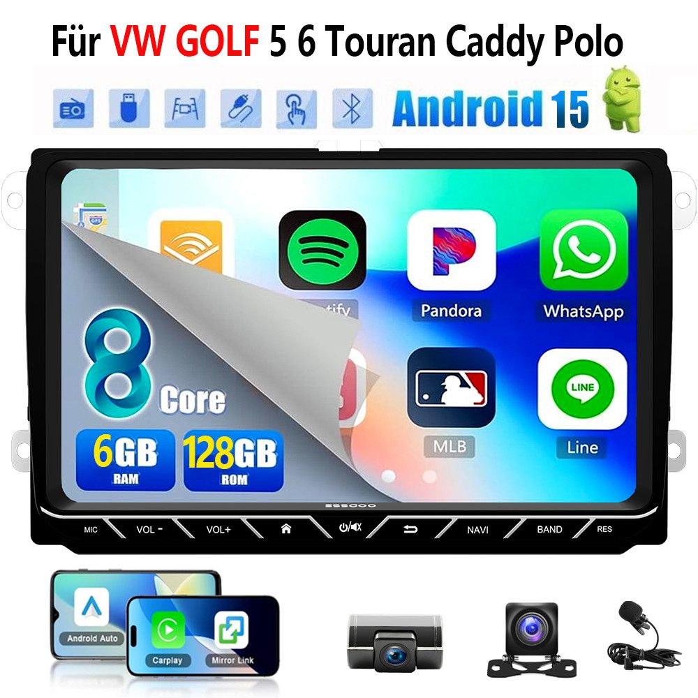 ESSGOO DAB+ Android15 6+128G Carplay GPS 4G Für VW GOLF 5 6 Touran Caddy Polo Autoradio (6GB+128GB, RDS, 4G LTE, FM, AM, DAB+ (optional), Carplay Android Auto Bluetooth EQ USB GPS Navi WIFI Touchscreen)
