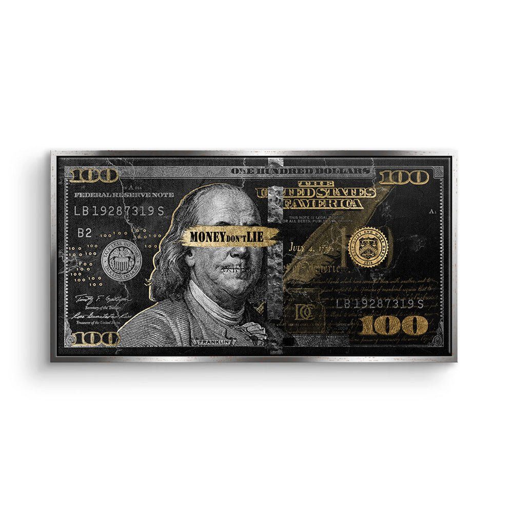 DOTCOMCANVAS® Leinwandbild, Premium Dollar Wandbild in schwarz gold - Money dont Lie silberner Rahmen