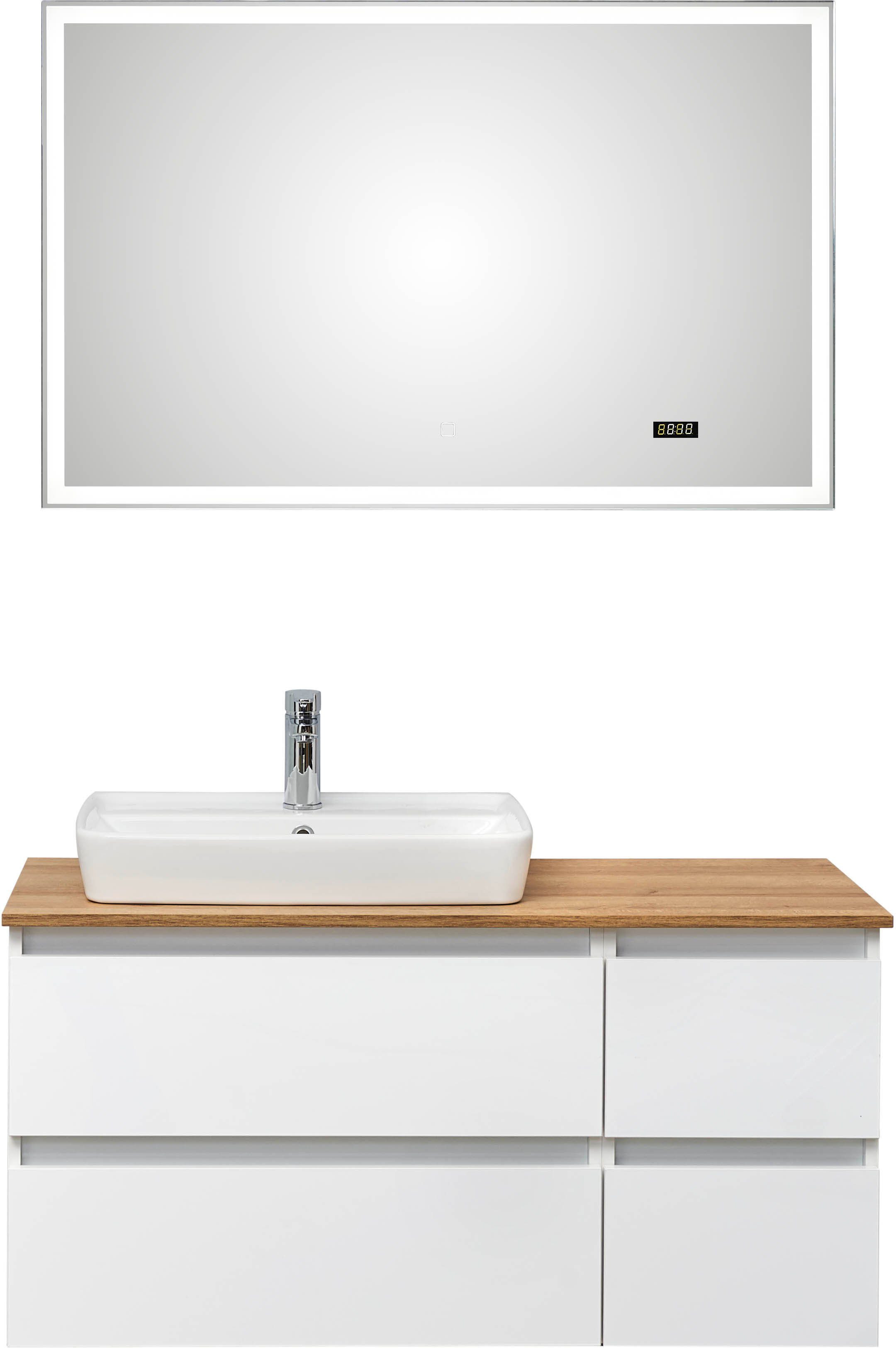 Saphir Badmöbel-Set Quickset 360 2-teilig, mit Keramik-Aufsatzbecken und LED-Spiegel, (Set, 2-St), in Weiß Glanz, Riviera Eiche quer Nachbildung, 4 Schubladen