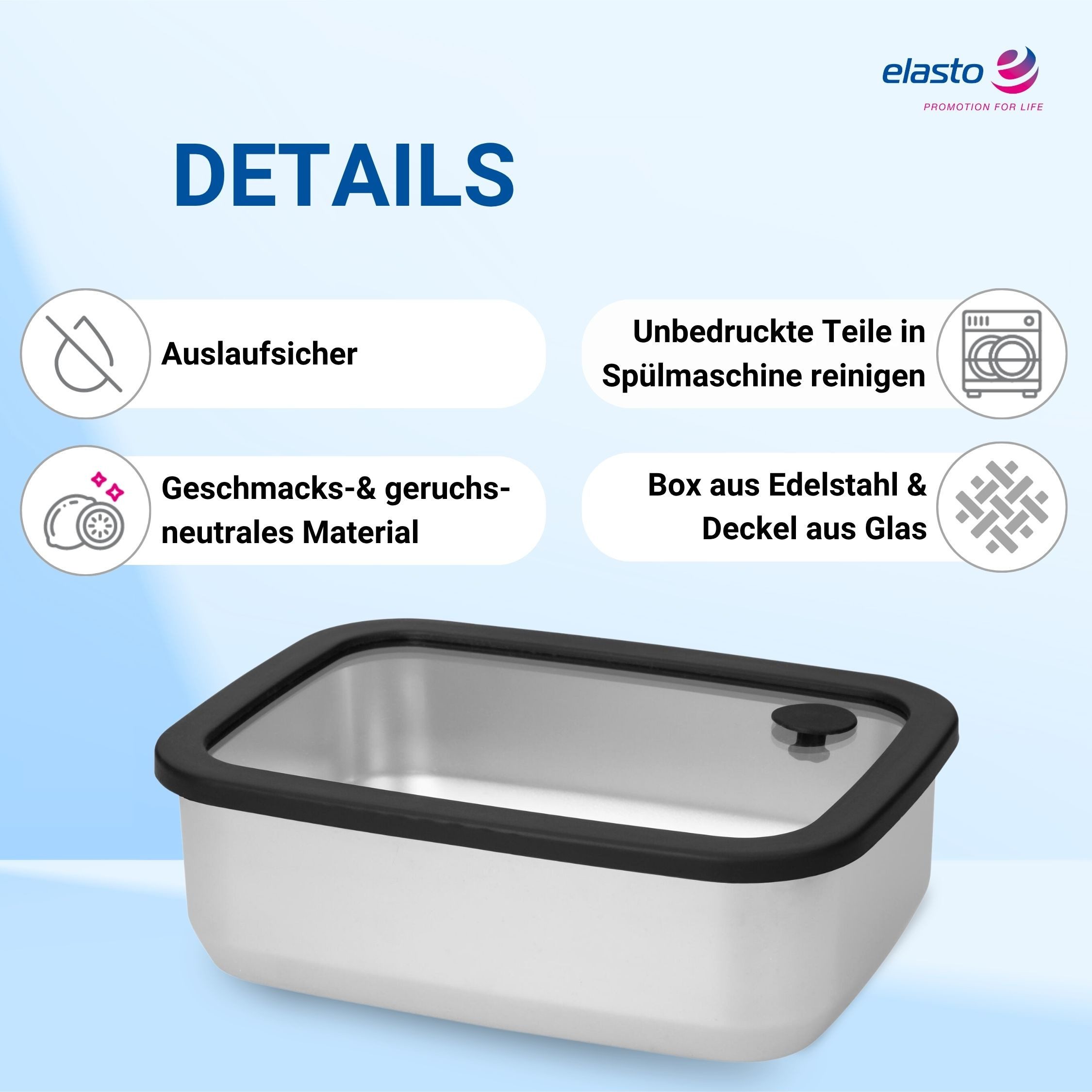 elasto Lunchbox Edelstahl Box mit Glasdeckel 1100 ml auslaufsichere Brotdose Edelstahl