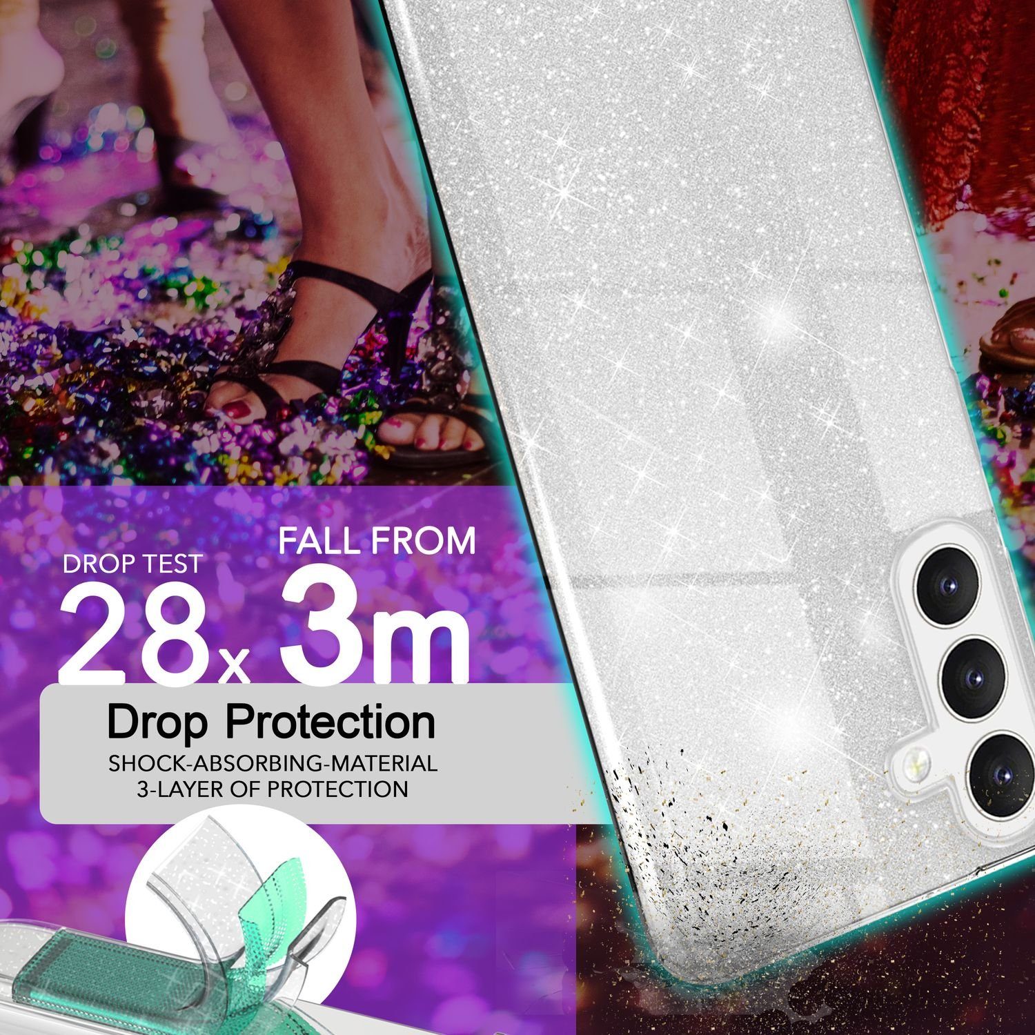 Nalia Smartphone-Hülle Samsung Galaxy S24 15,7 cm (6,2 Zoll), Glitzer Silikon Hülle / Glänzender Hybrid Schutz / Stoßfest & Robust