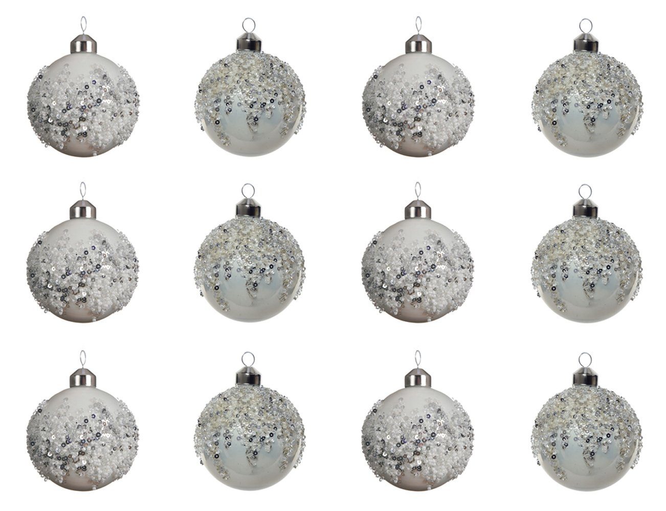 Decoris season decorations Weihnachtsbaumkugel, Weihnachtskugeln Glas mit Pailletten Perlen 8cm winterweiß, 12er Set