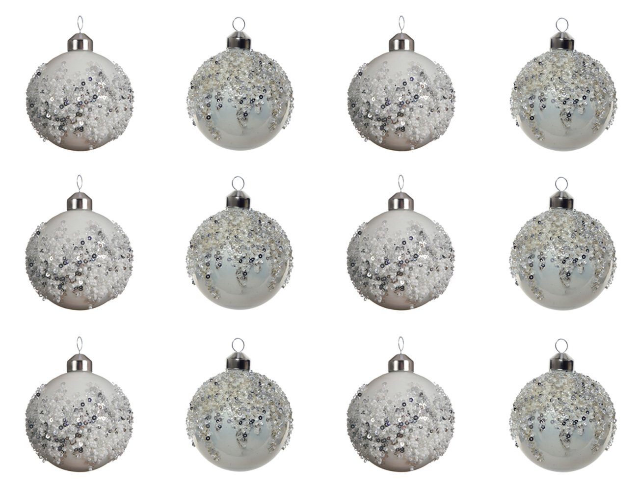 Kaemingk Weihnachtsbaumkugel, Weihnachtskugeln Glas mit Pailletten Perlen 8cm winterweiß, 12er Set