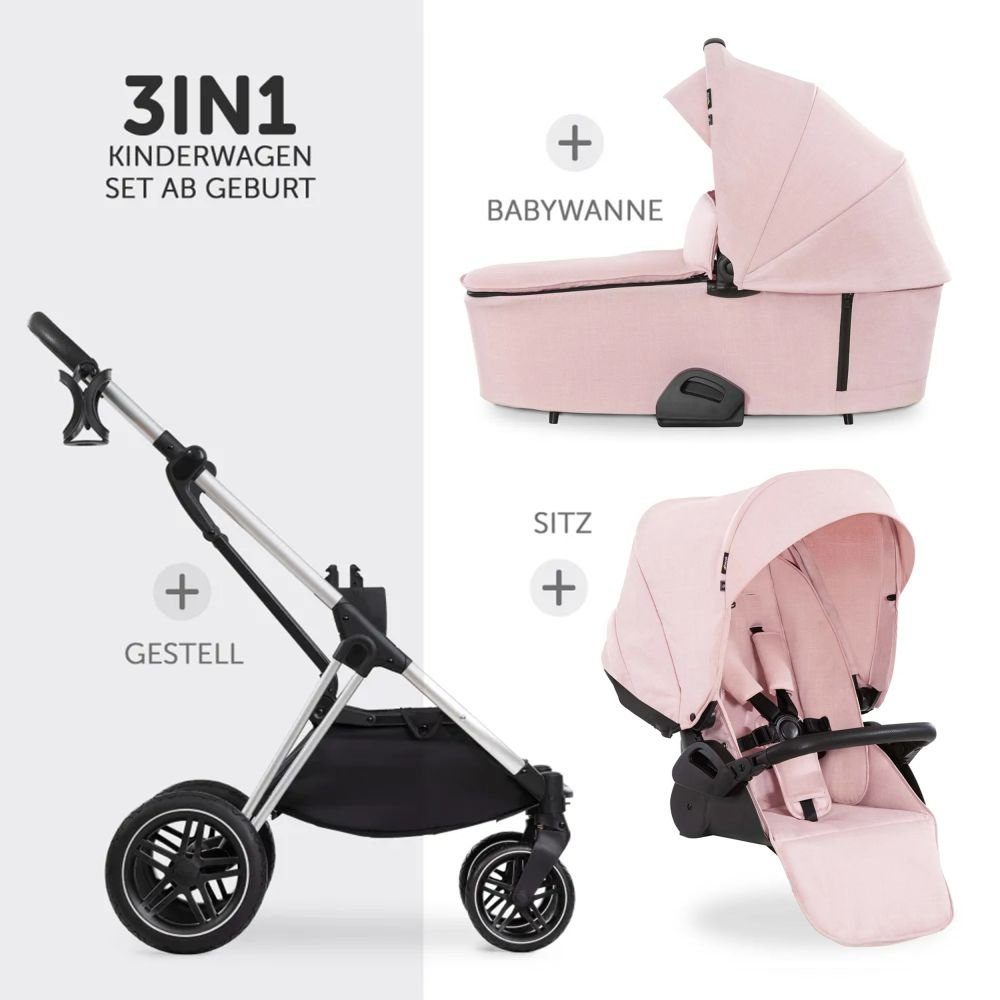 Hauck Kombi-Kinderwagen Vision X Duoset Silver - Melange Rose, 2in1 Kinderwagen Buggy Set mit Babywanne, Sportsitz und Regenschutz
