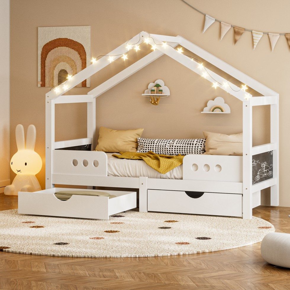 TavilaEcon Kinderbett aus Wood+MDF mit Dachdesign, 2 großen Schubladen und Tafel am Kopfteil (1-tlg), belastbar bis 120 kg, 90×200cm, weiß