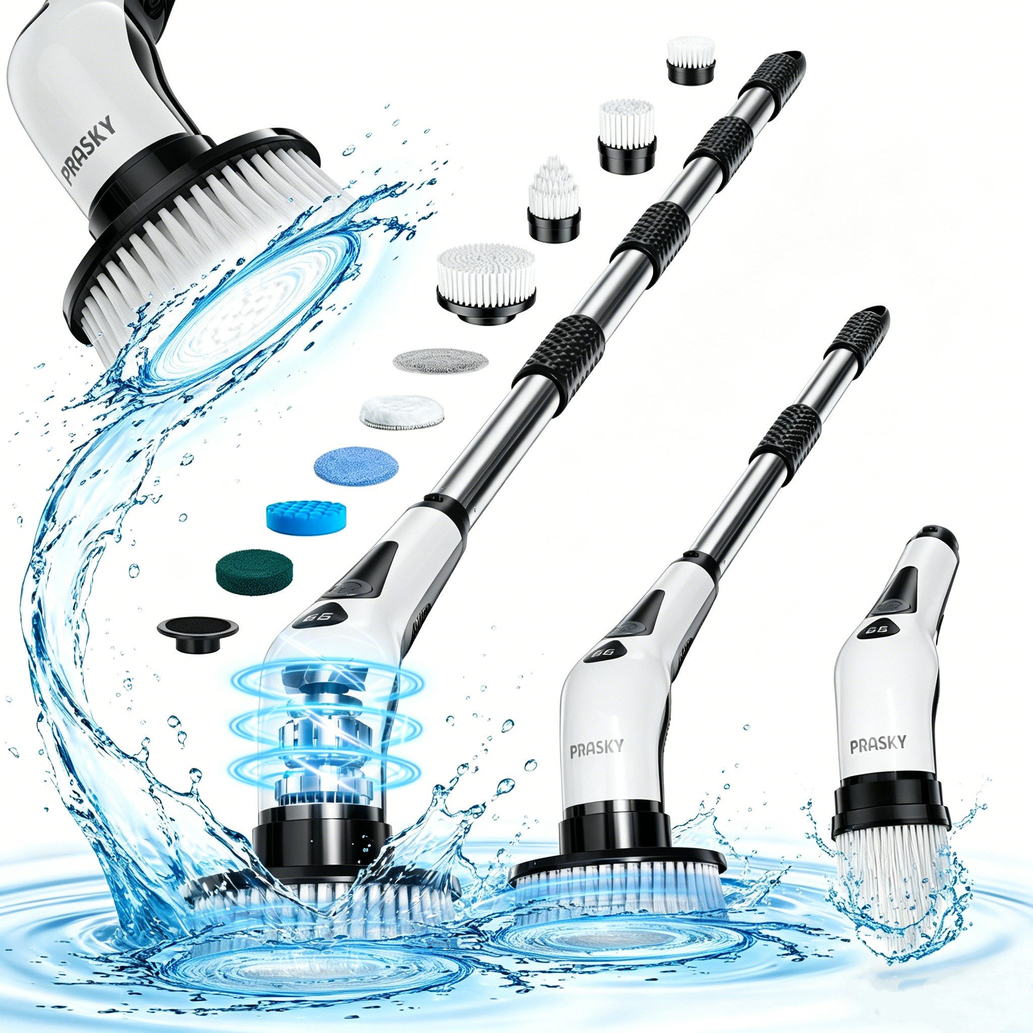 PRASKY Reinigungsbürsten-Set Kabellose Rotationsbürste mit 9 Köpfen & IPX8 wasserdicht, Auto, Fliese, Boden, Geschirr, Grill, Glas, Badewanne, Waschbecken, Balkon, Fenster, (9-teiliges Reinigungsbürstenset, 9-tlg., Kabellose Drehbürste, 2 Geschwindigkeitsstufen, Geräusch <60 Dezibel), 2600 mAh, 110 Min Laufzeit, 9 Bürstenköpfe für Reinigungsbürste