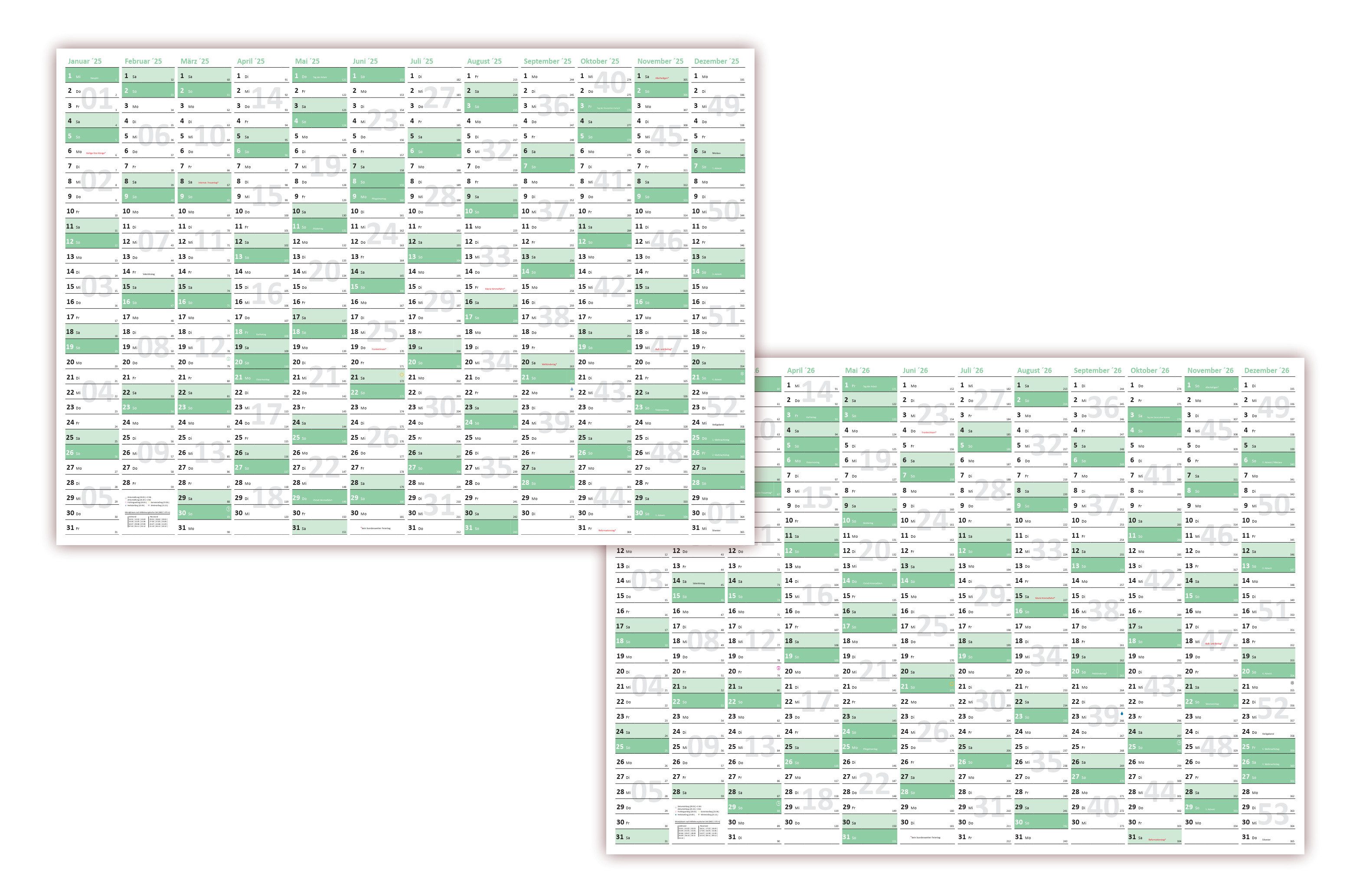 LYSCO Wandkalender Green Wandplaner 2026 / 2025 + 2026 DIN A3 Format (297 x 420 mm), 12 Monate von Januar bis Dezember, Kalender gerollt