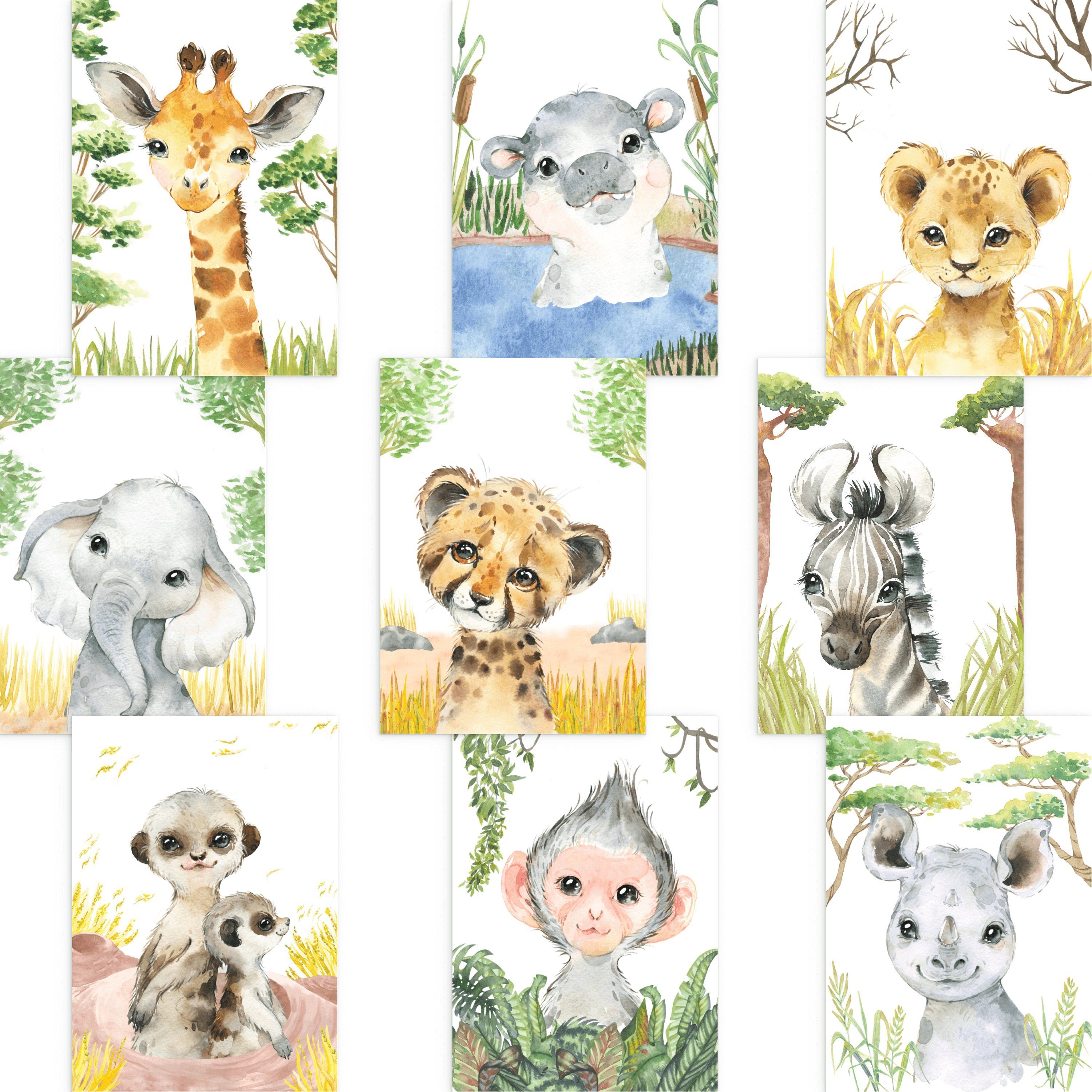 CreativeRobin Poster Baby Tier-Poster-Set fürs Kinderzimmer I Schöne Babyzimmer Deko, Tiere Afrikas