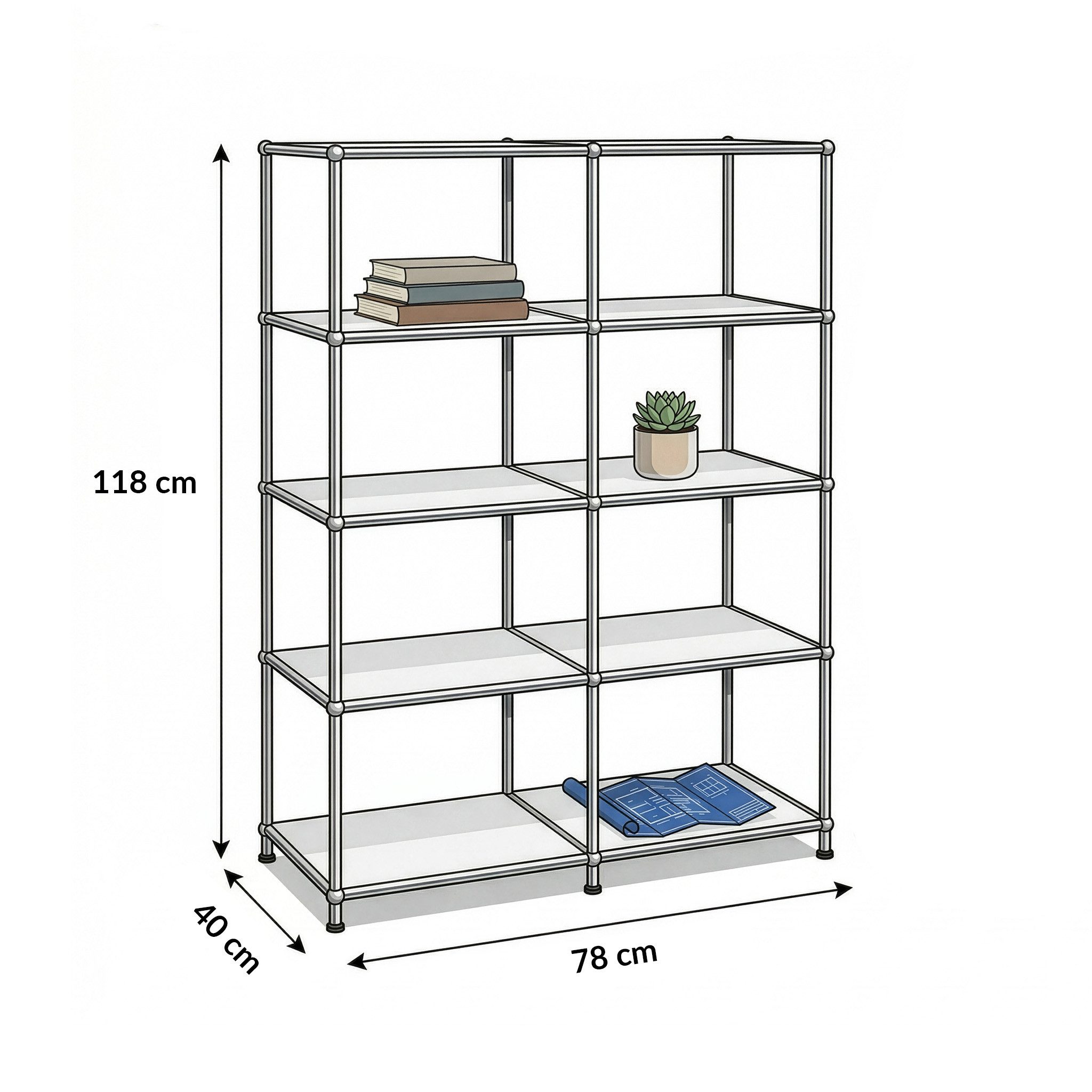 Floordirekt Bücherregal Standregal Concept Epure MK-015 Raumteiler, verchromtes Metallgestell, höhenverstellbare Kunststofffüße, 5 Ablagen, B78×T40×H118 cm – Bild 2 von 5